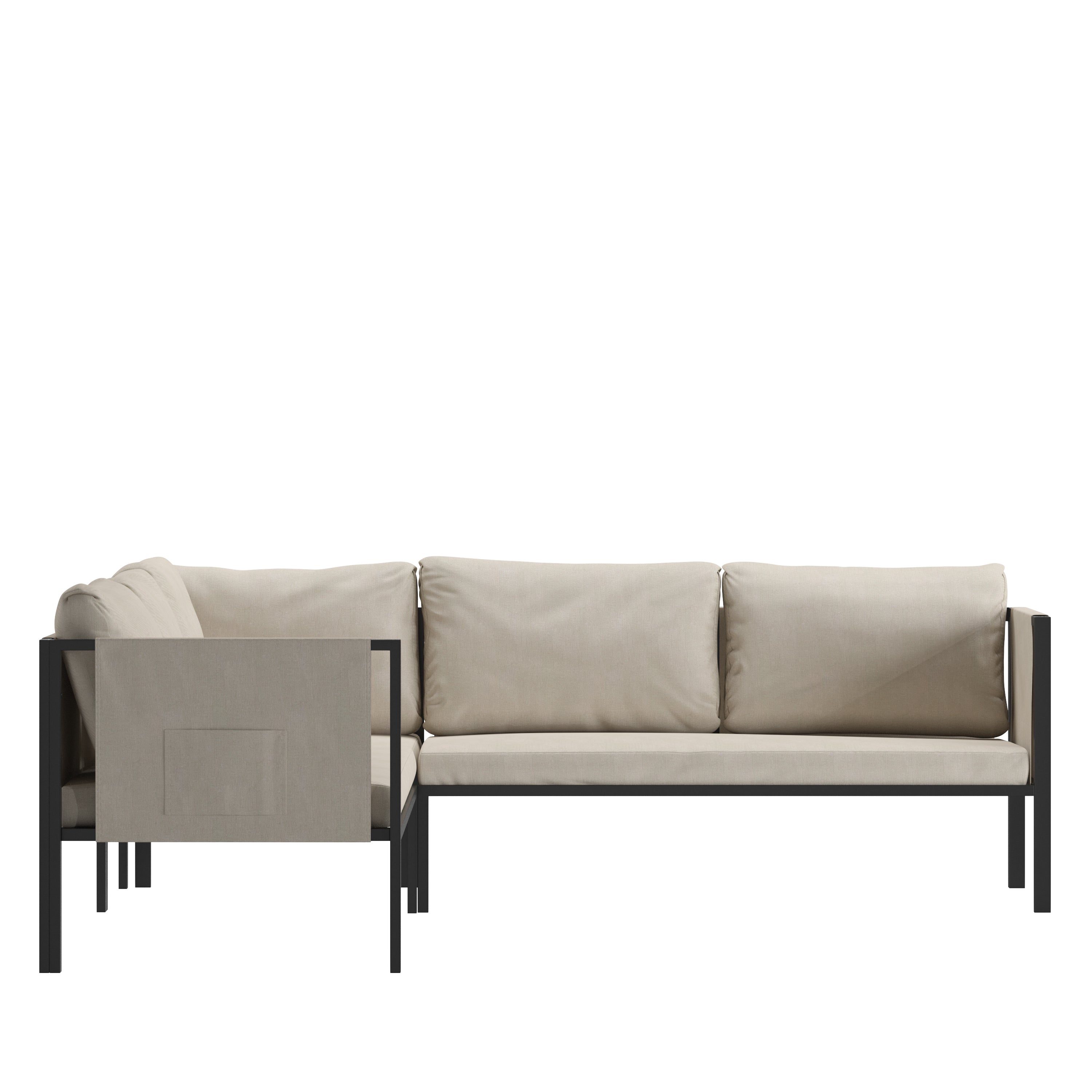 Lea Indoor/Outdoor Sectional with Cushions - Modern Steel Framed Chair with Dual Storage Pockets, Black with Beige Cushions