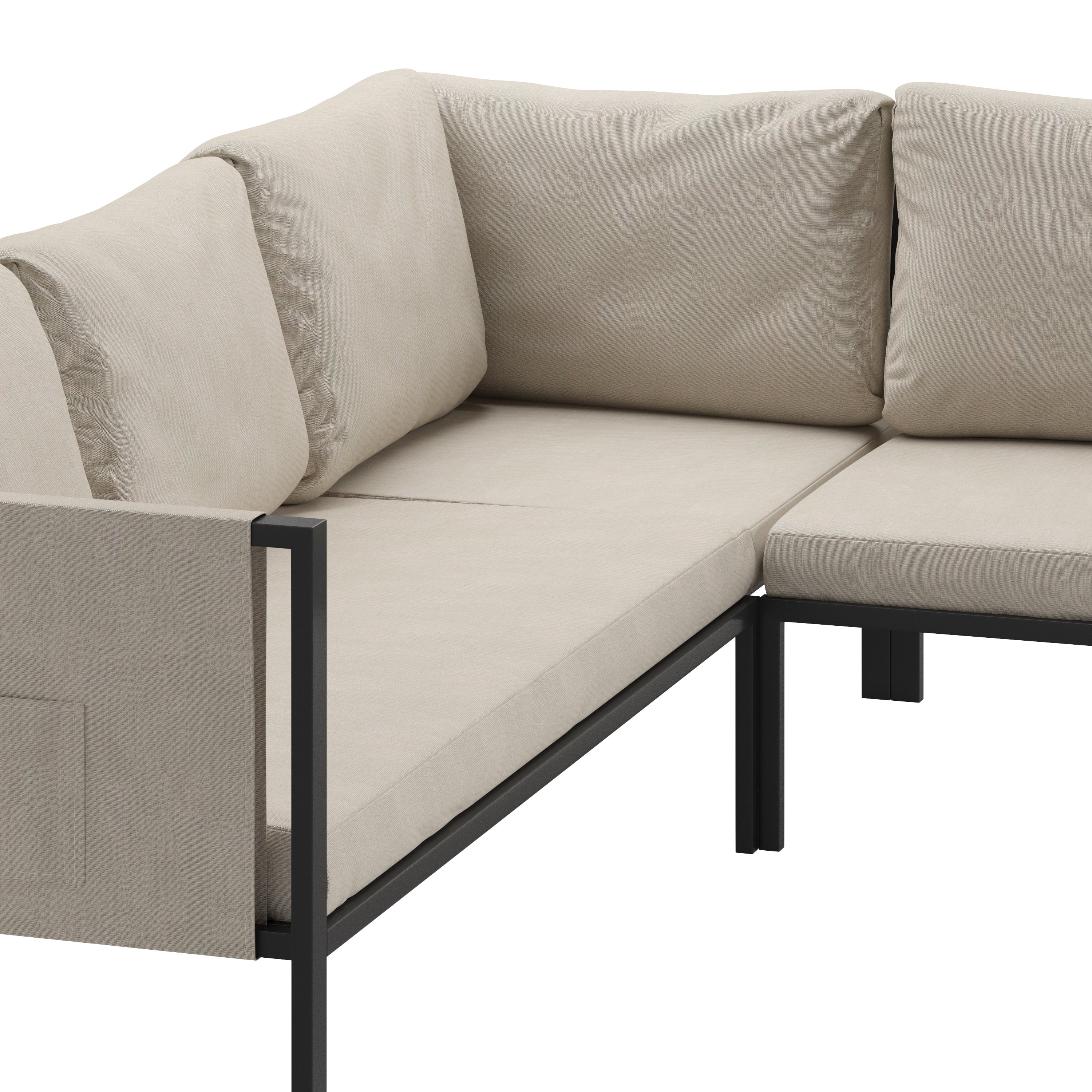 Lea Indoor/Outdoor Sectional with Cushions - Modern Steel Framed Chair with Dual Storage Pockets, Black with Beige Cushions