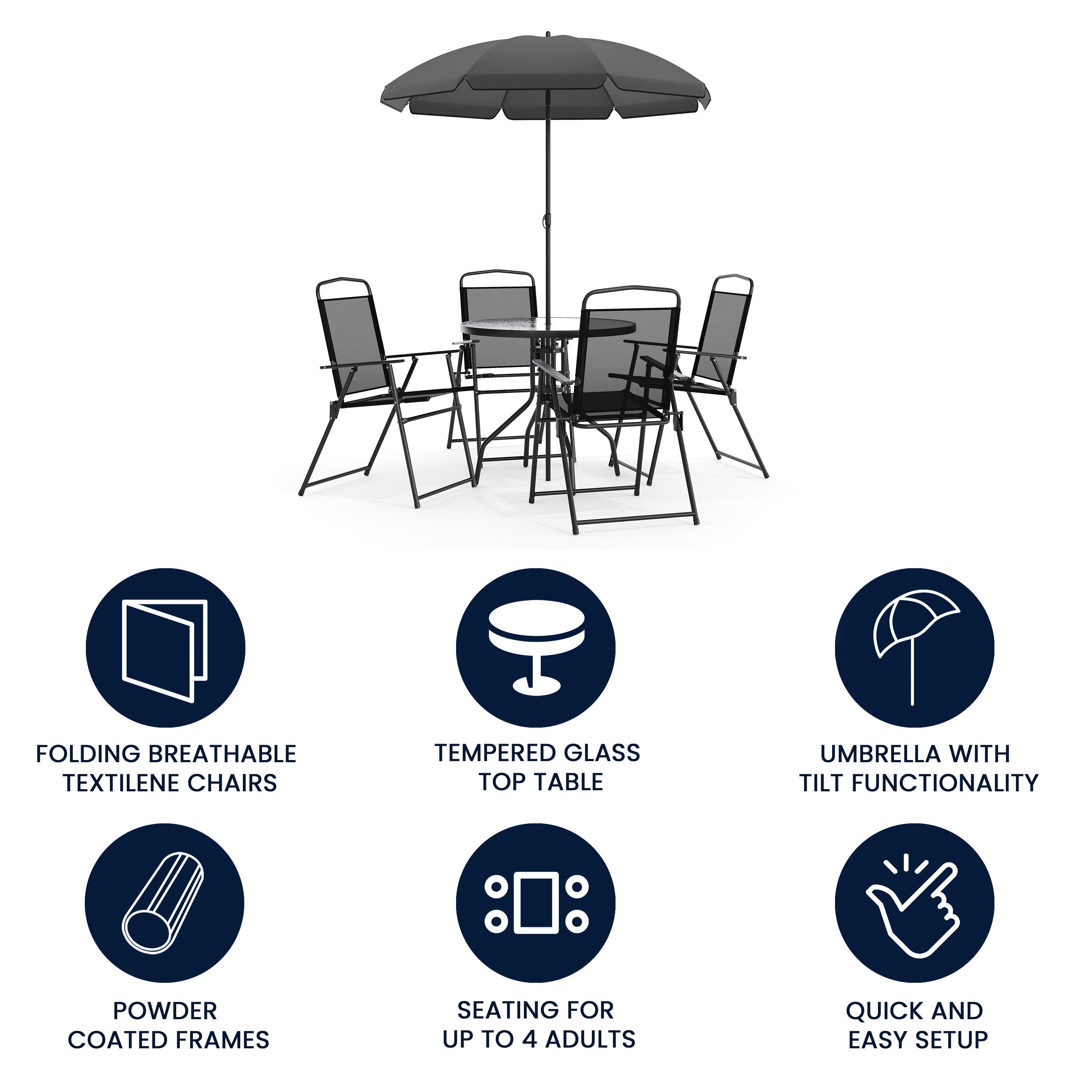 Nantucket 6 Piece Black Patio Garden Set with Umbrella Table and Set of 4 Folding Chairs