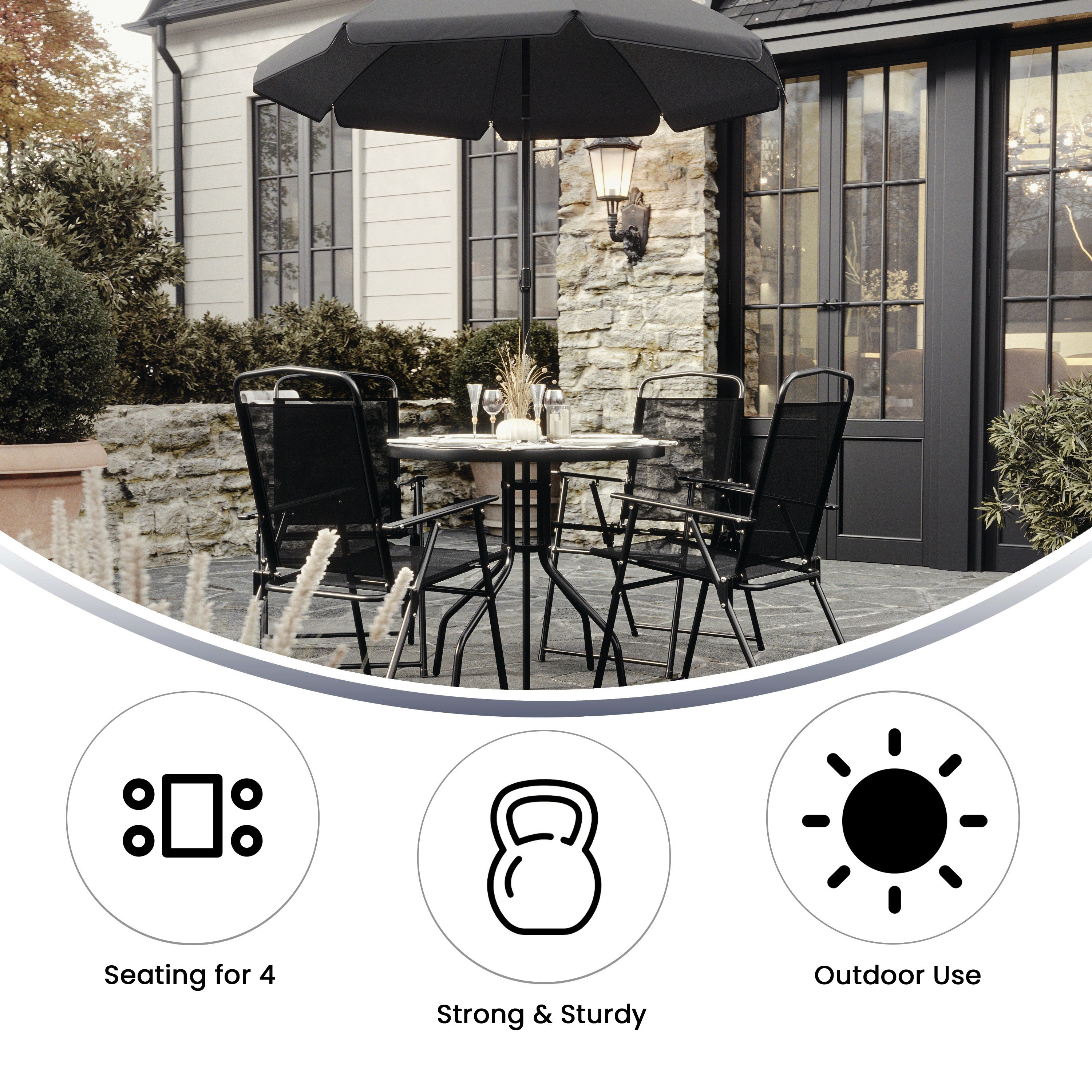 Nantucket 6 Piece Black Patio Garden Set with Umbrella Table and Set of 4 Folding Chairs