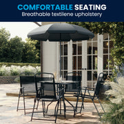 Nantucket 6 Piece Black Patio Garden Set with Umbrella Table and Set of 4 Folding Chairs