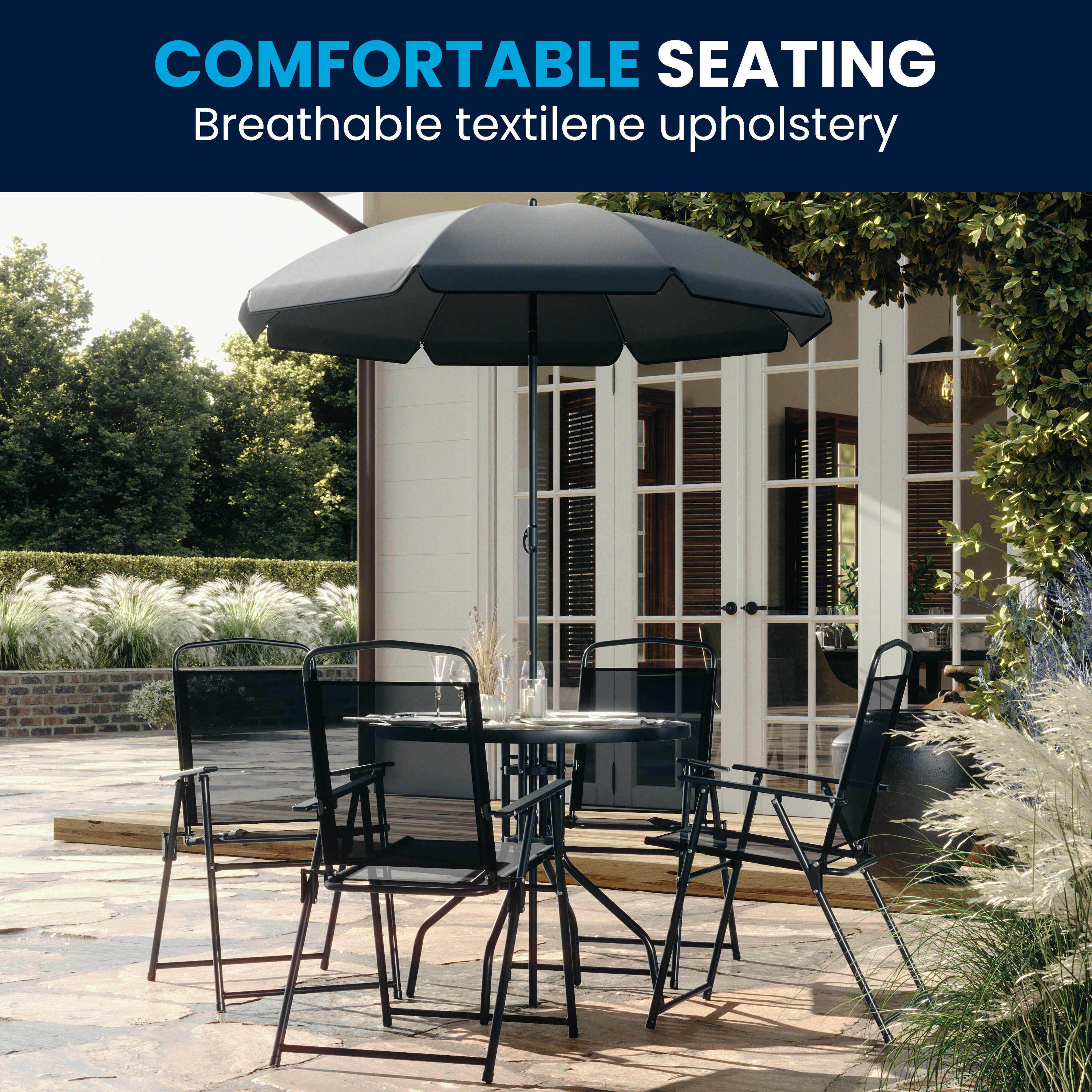 Nantucket 6 Piece Black Patio Garden Set with Umbrella Table and Set of 4 Folding Chairs