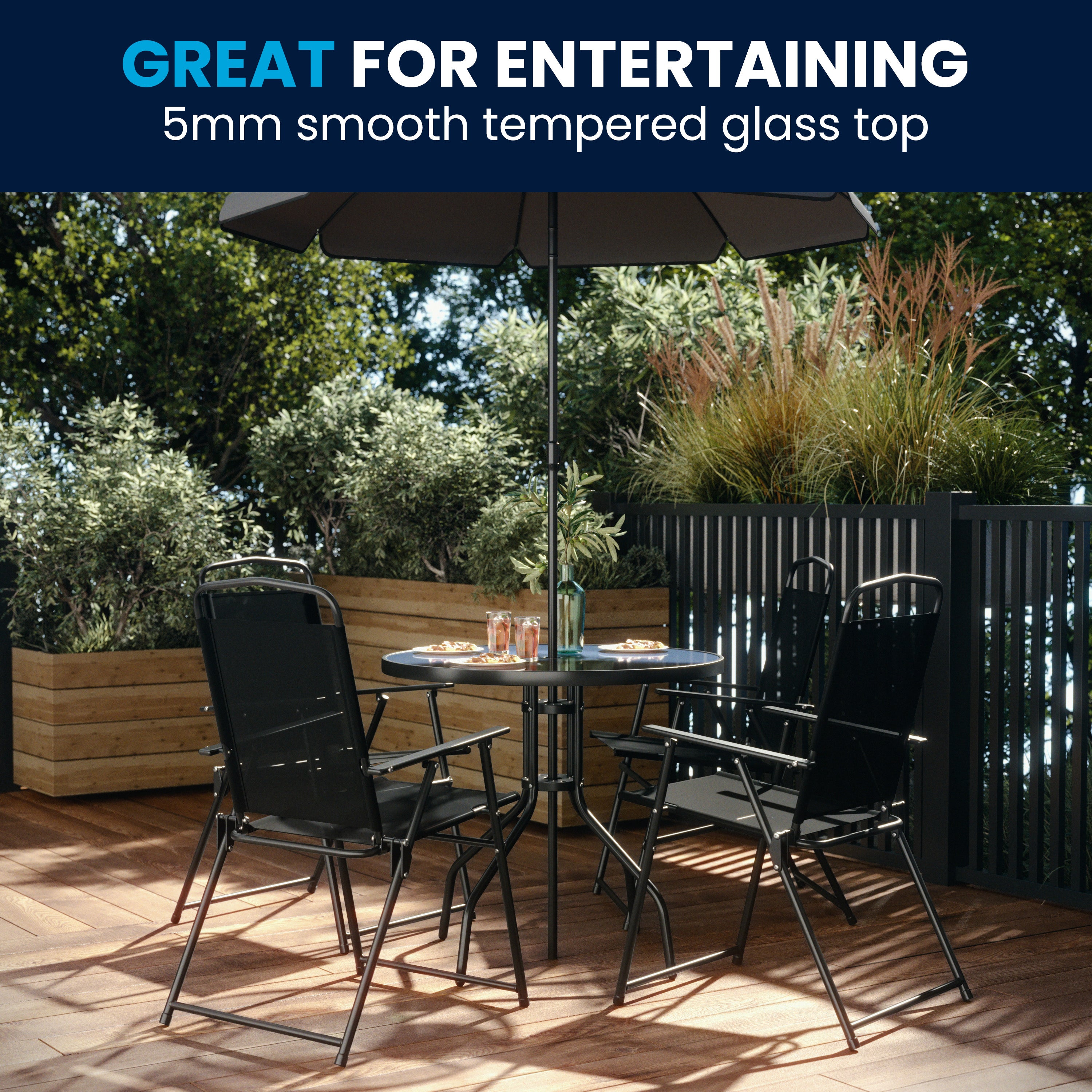 Nantucket 6 Piece Black Patio Garden Set with Umbrella Table and Set of 4 Folding Chairs