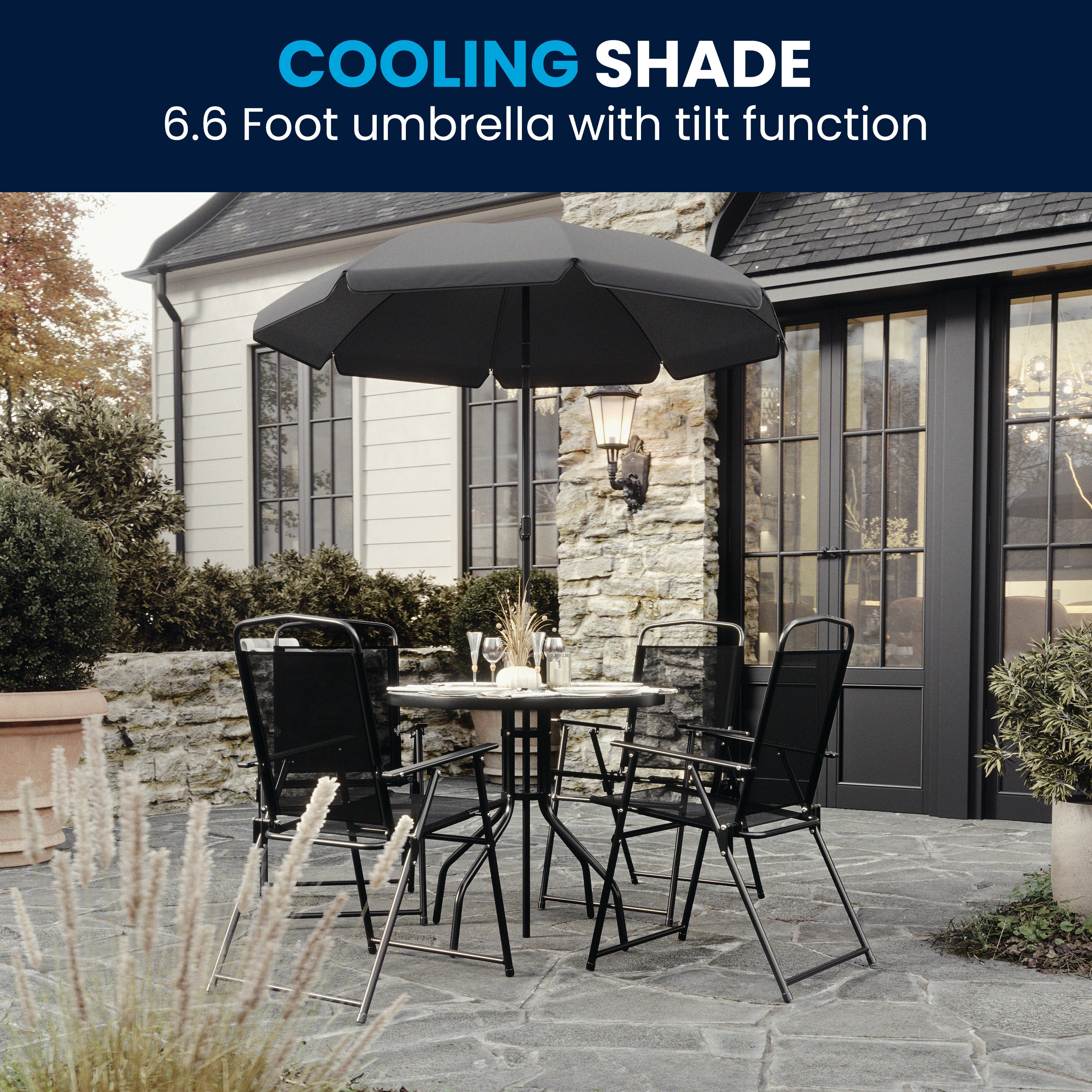 Nantucket 6 Piece Black Patio Garden Set with Umbrella Table and Set of 4 Folding Chairs