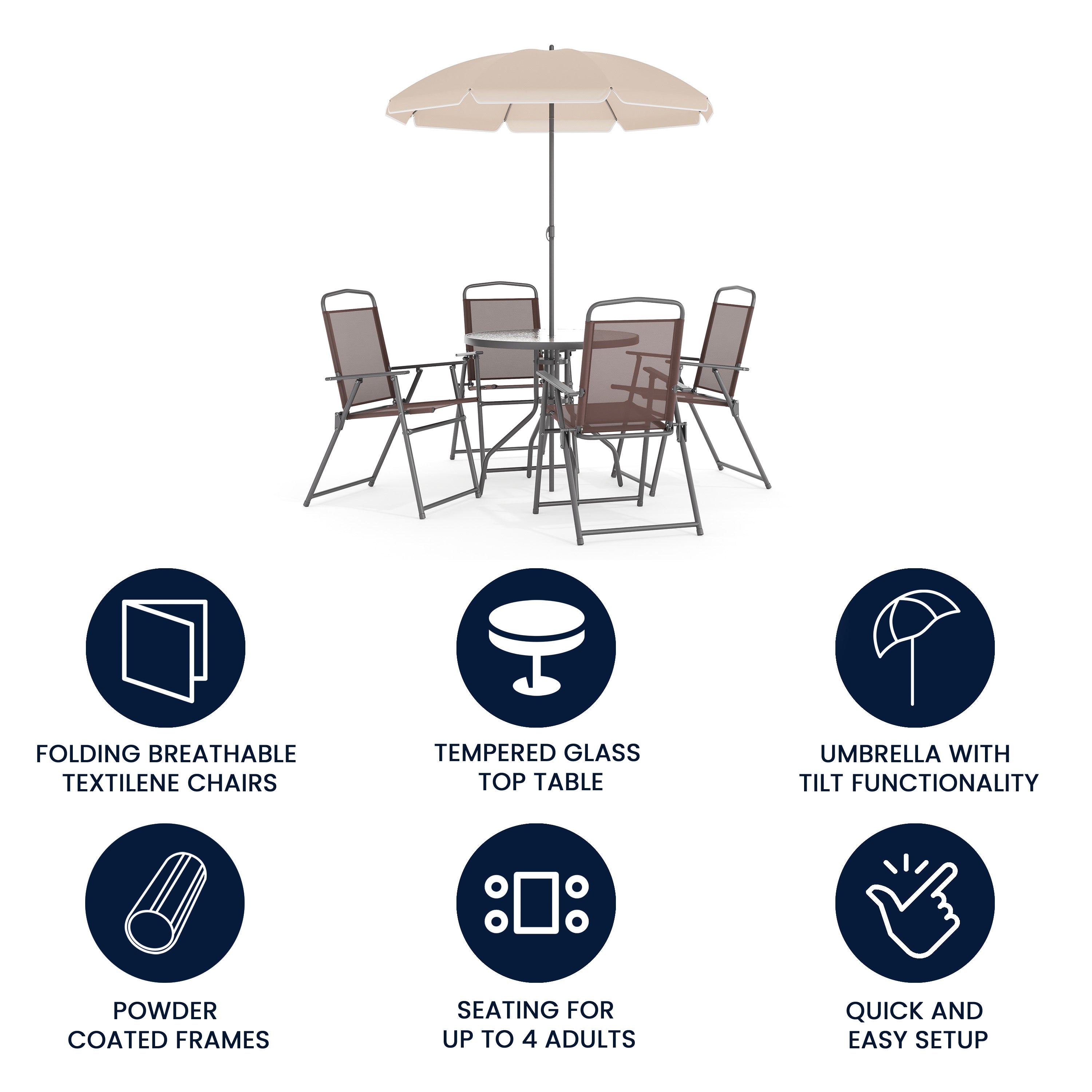 Nantucket 6 Piece Brown Patio Garden Set with Umbrella Table and Set of 4 Folding Chairs