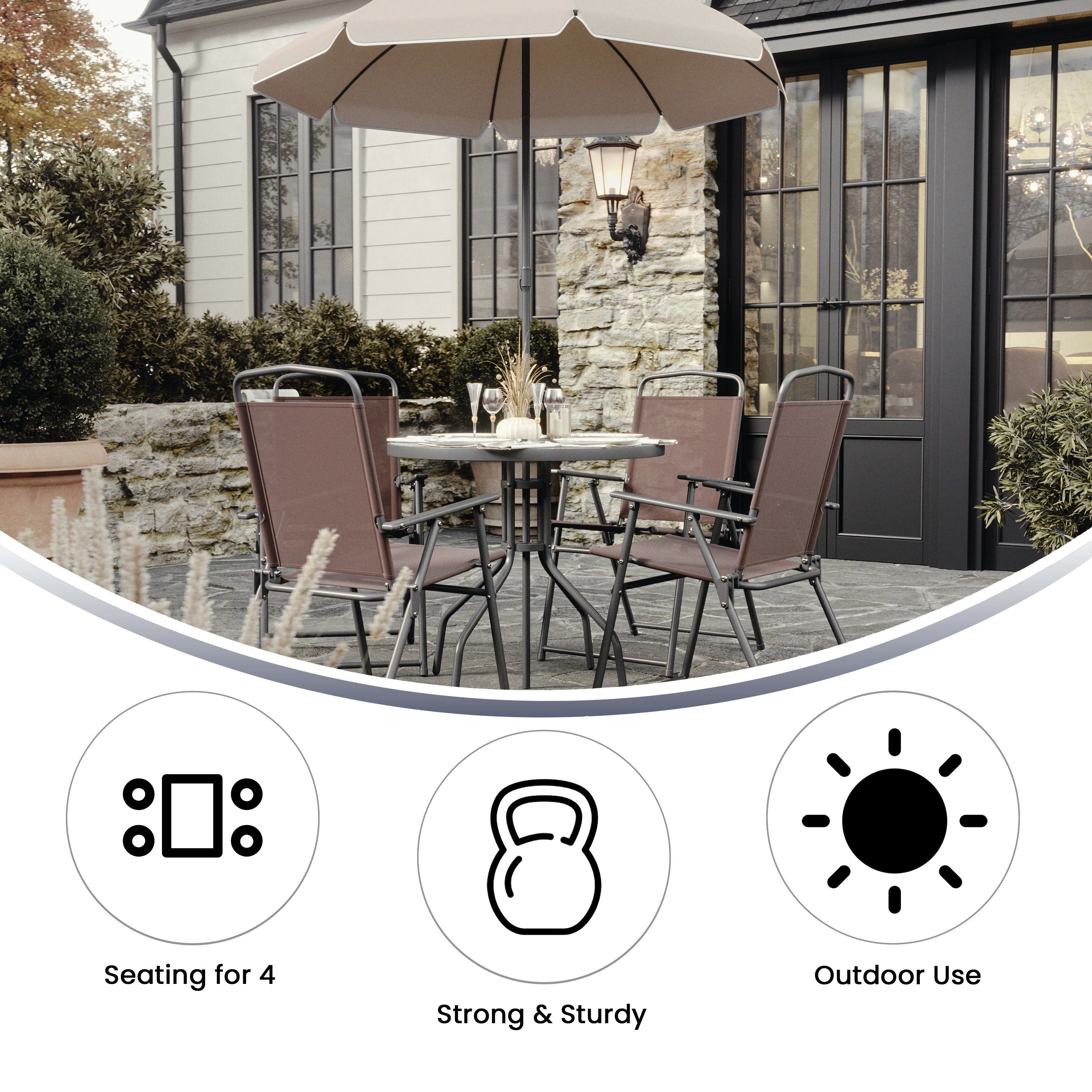 Nantucket 6 Piece Brown Patio Garden Set with Umbrella Table and Set of 4 Folding Chairs