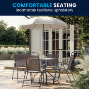 Nantucket 6 Piece Brown Patio Garden Set with Umbrella Table and Set of 4 Folding Chairs