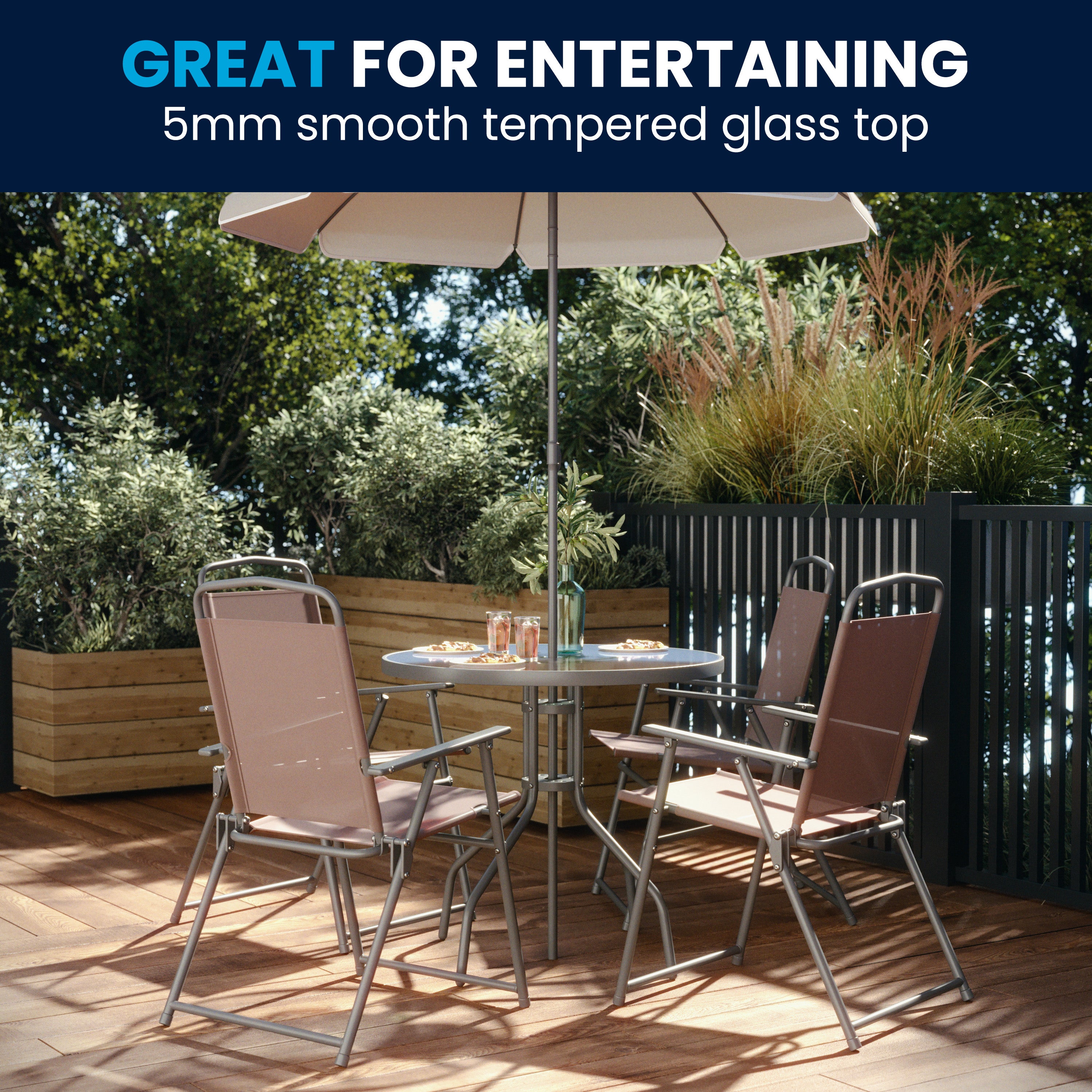 Nantucket 6 Piece Brown Patio Garden Set with Umbrella Table and Set of 4 Folding Chairs