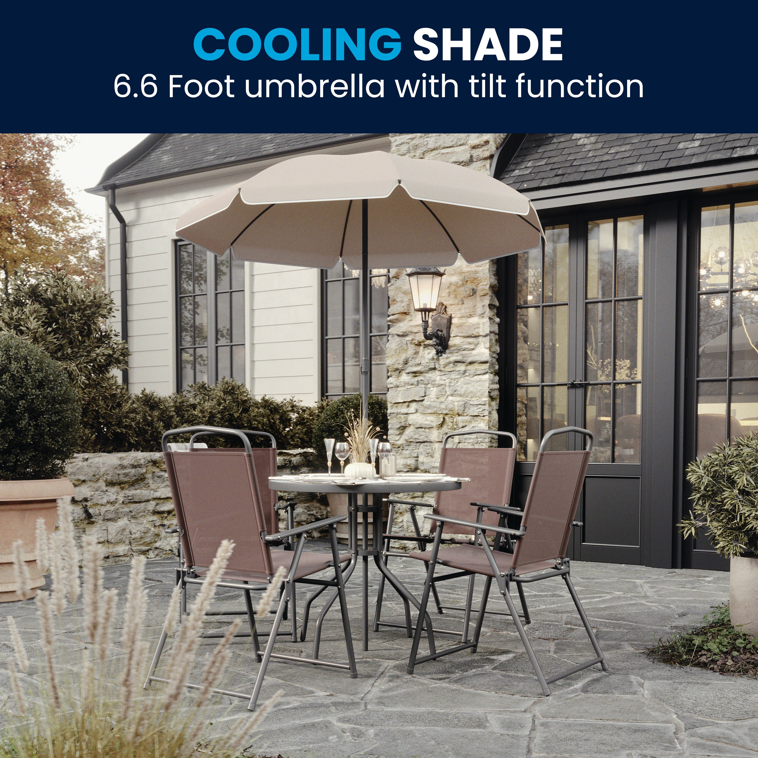 Nantucket 6 Piece Brown Patio Garden Set with Umbrella Table and Set of 4 Folding Chairs