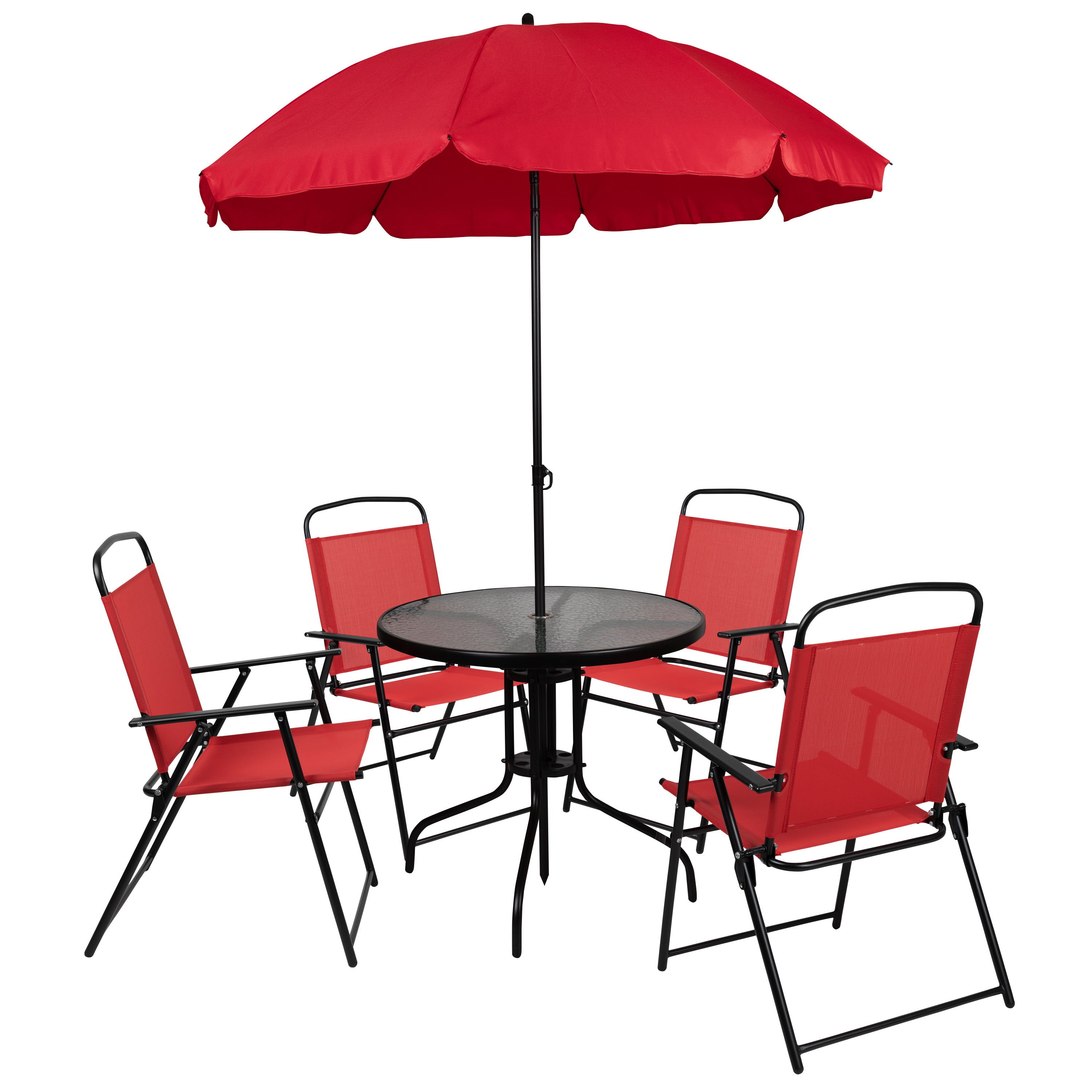 Nantucket 6 Piece Red Patio Garden Set with Umbrella Table and Set of 4 Folding Chairs