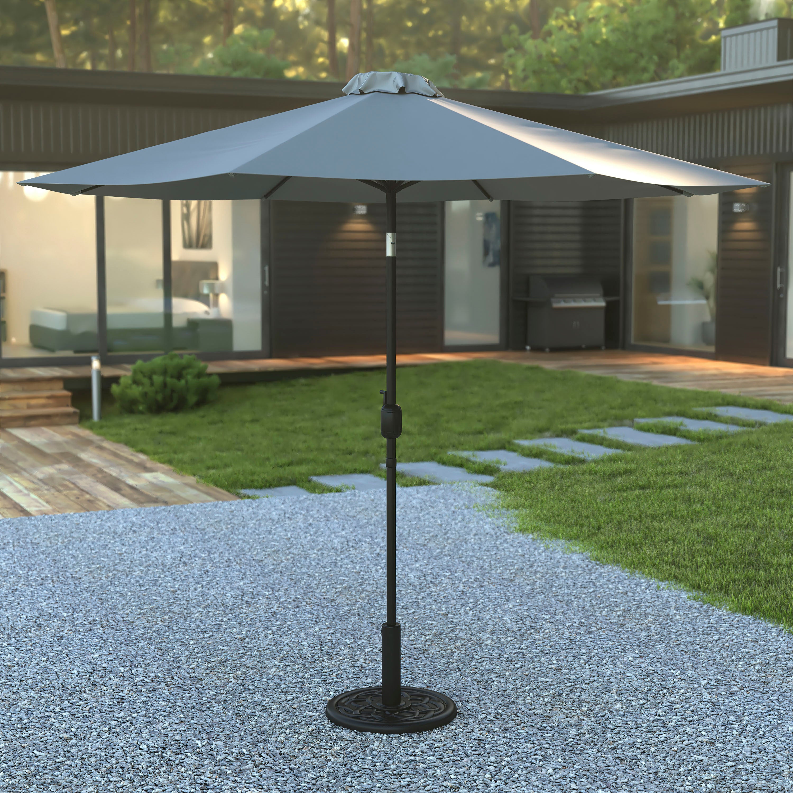 Sunny Gray 9 FT Round Umbrella with Crank and Tilt Function and Standing Umbrella Base