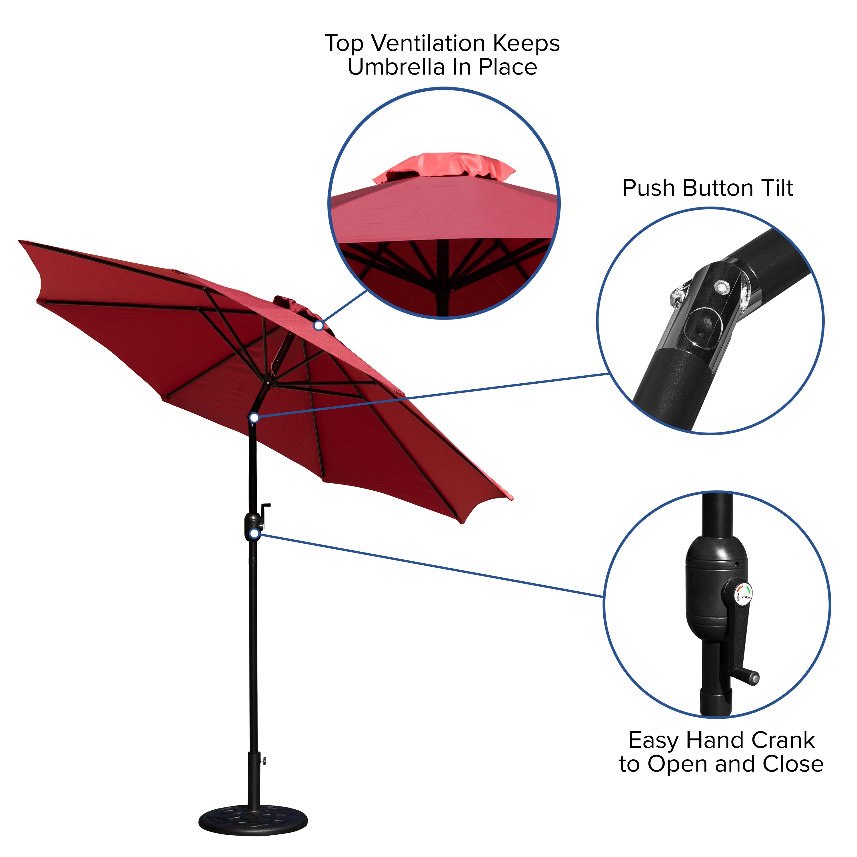 Kona Red 9 FT Round Umbrella with Crank and Tilt Function and Standing Umbrella Base