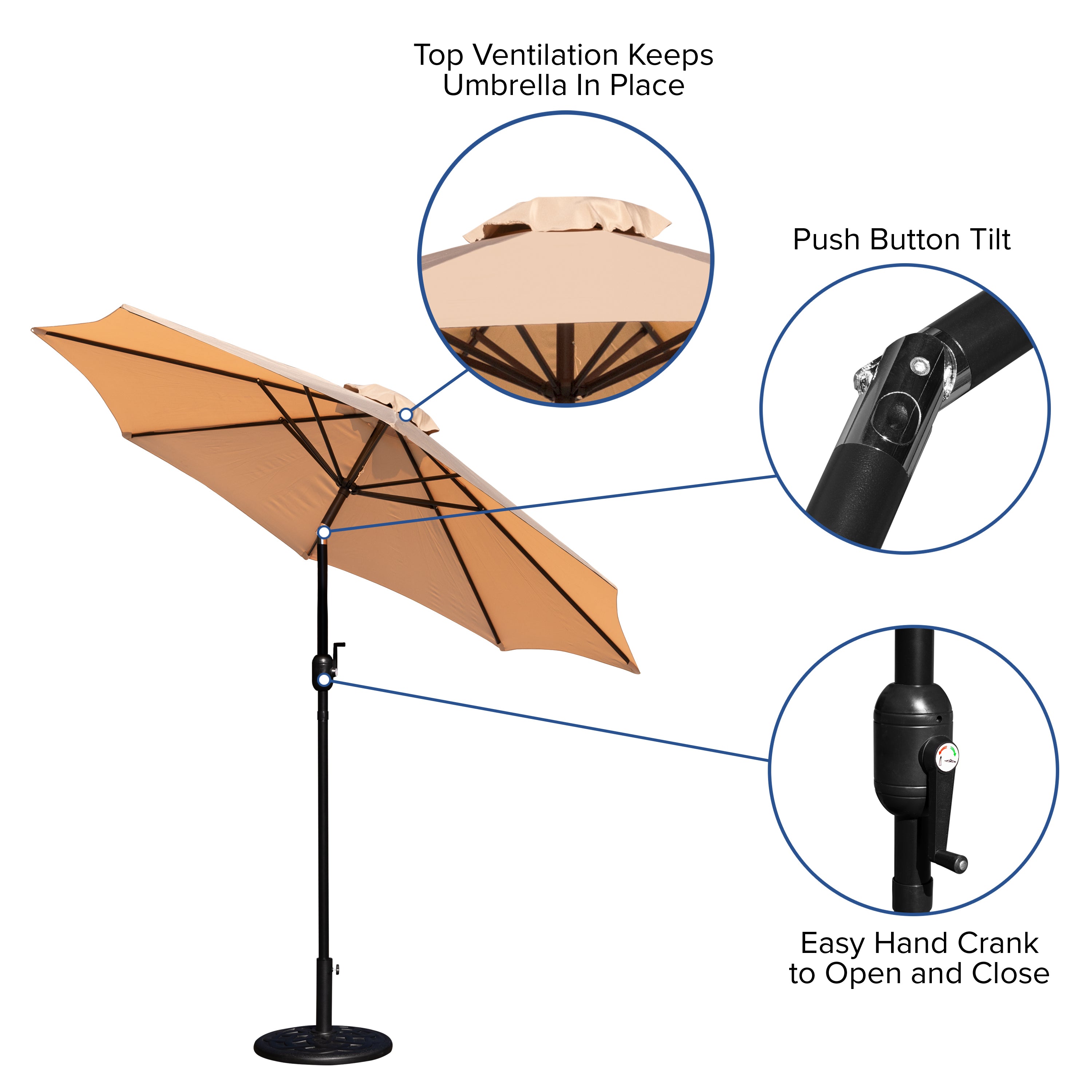 Kona Tan 9 FT Round Umbrella with Crank and Tilt Function and Standing Umbrella Base