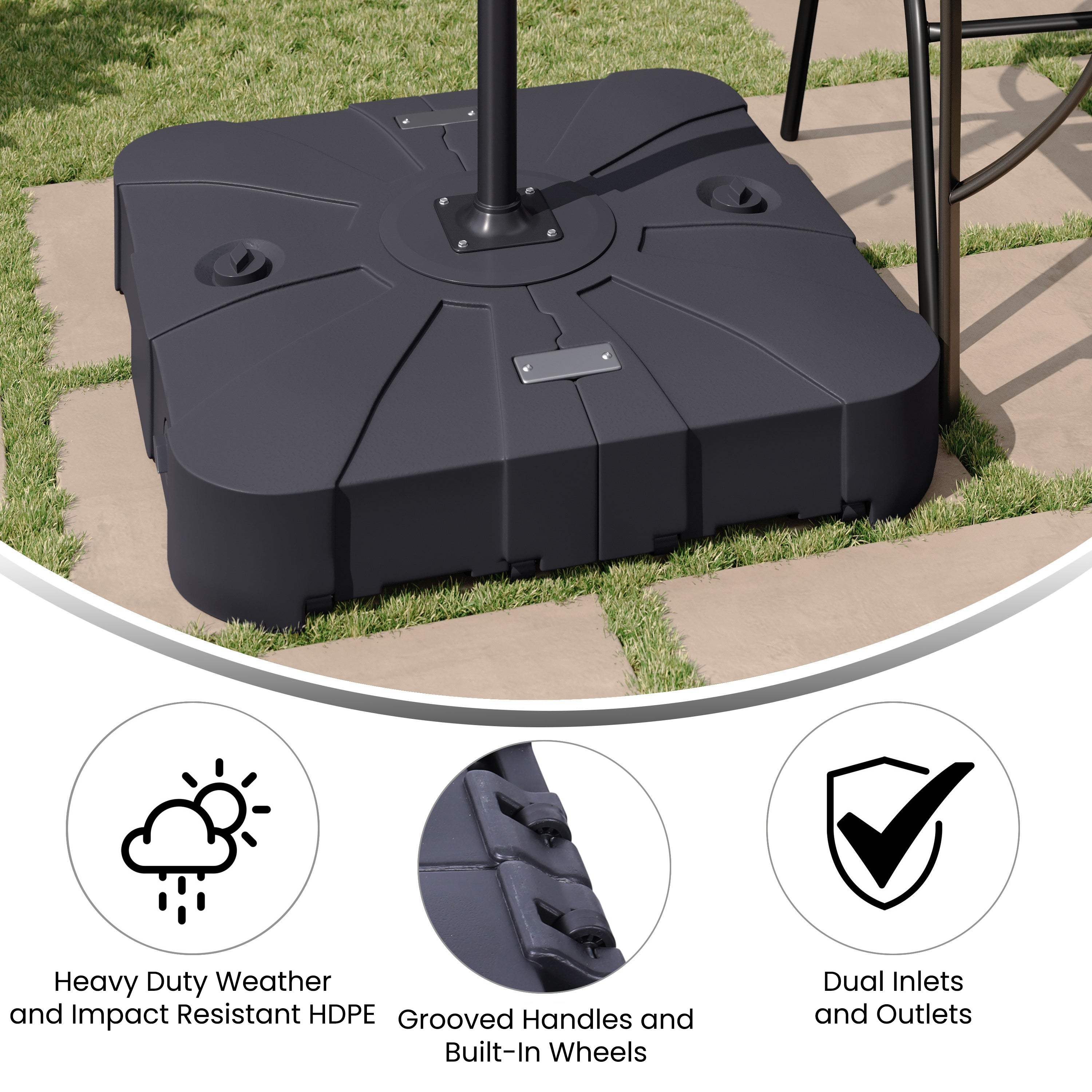 Hank Heavy Duty Weather-Resistant Universal Offset Umbrella Base with Grooved Handles and Built-In Wheels in Black