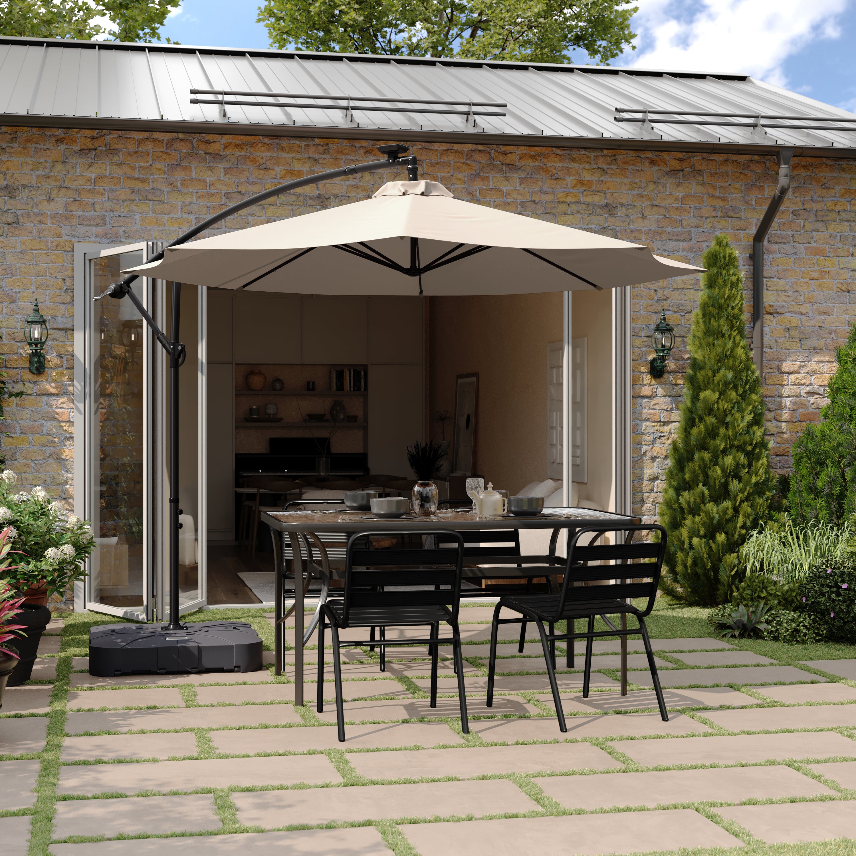 Hank Heavy Duty Weather-Resistant Universal Offset Umbrella Base with Grooved Handles and Built-In Wheels in Black
