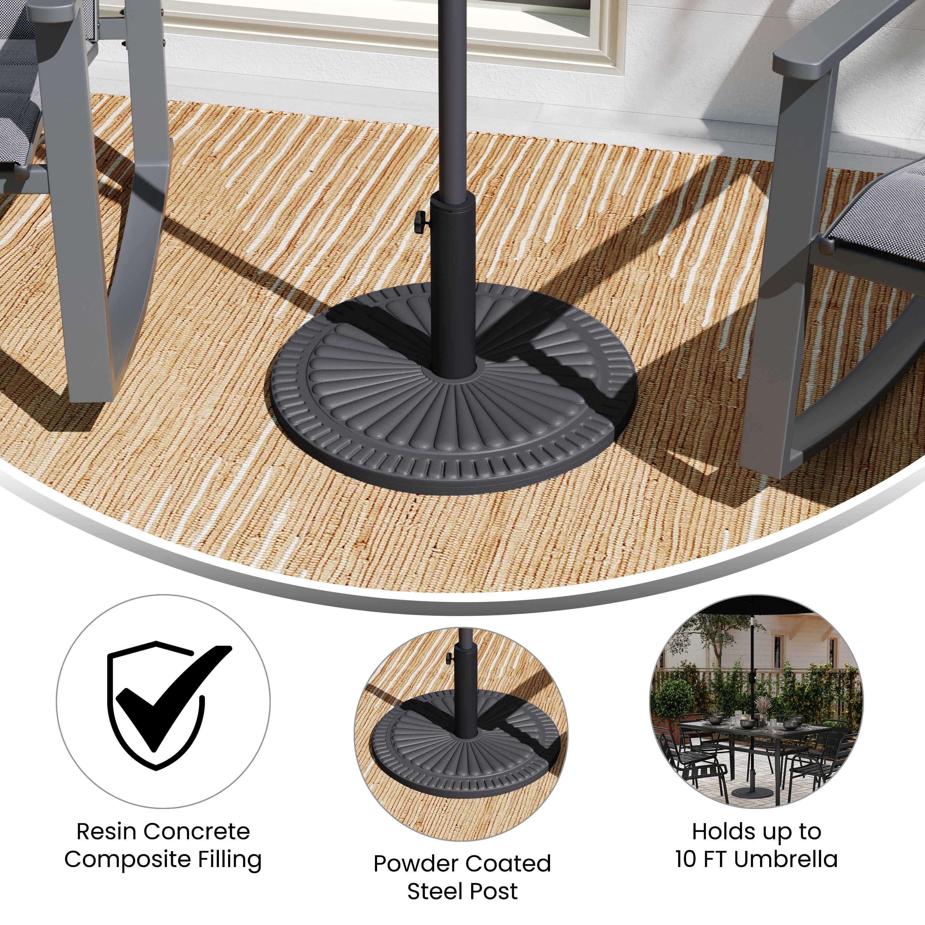 Kona Universal Black Cement Patio Umbrella Base with Sunburst Patterned Weatherproof Plastic Polymer Coating - 19.25" Diameter