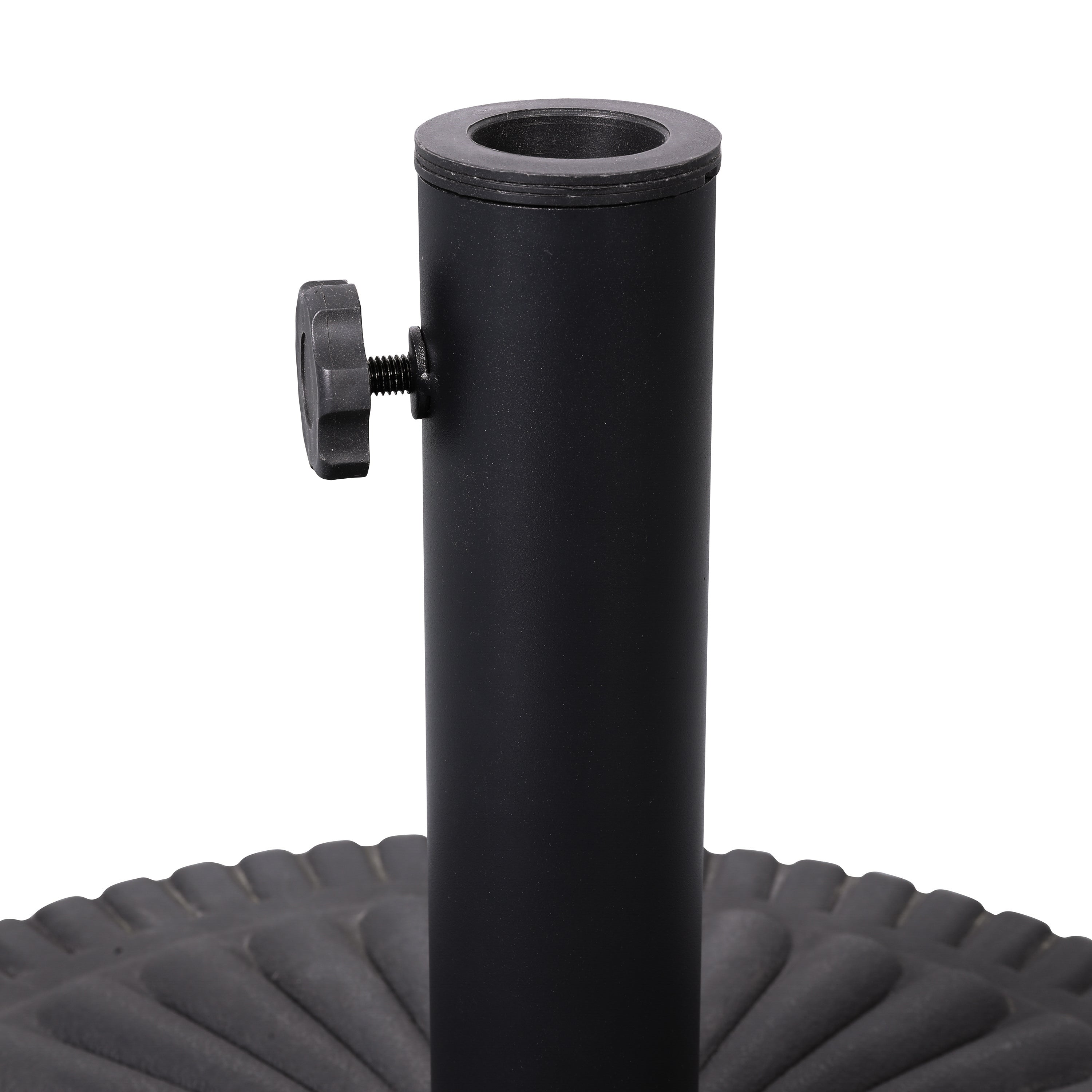 Kona Universal Black Cement Patio Umbrella Base with Sunburst Patterned Weatherproof Plastic Polymer Coating - 19.25" Diameter