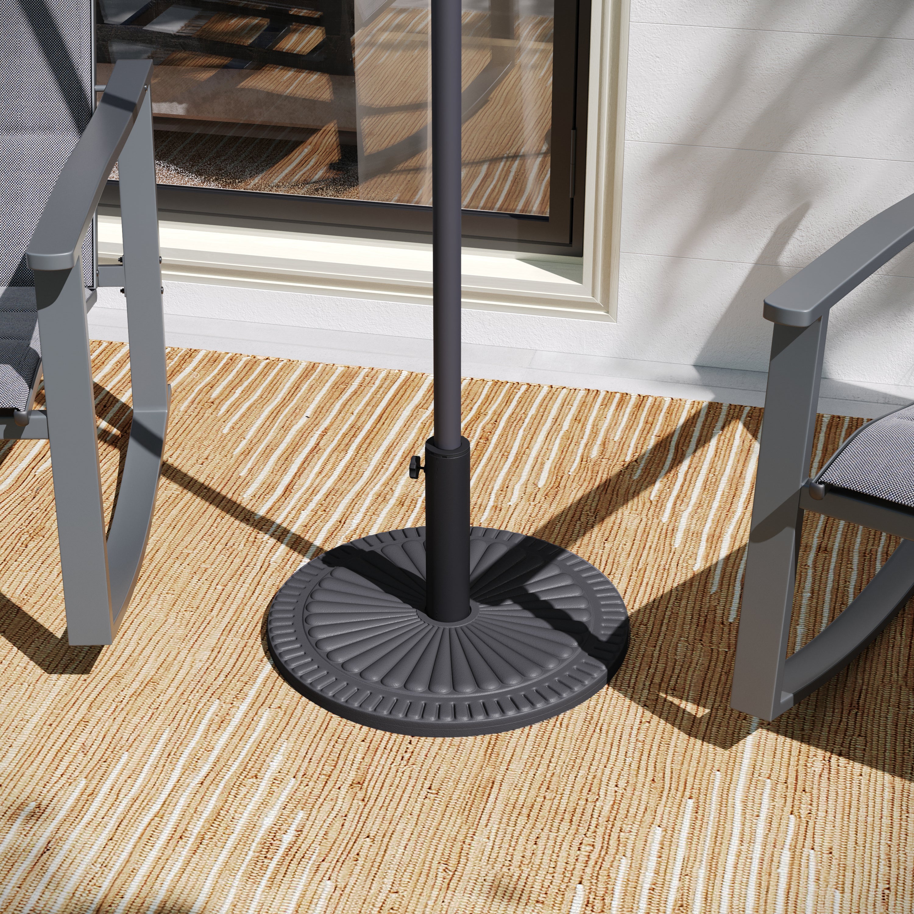 Kona Universal Black Cement Patio Umbrella Base with Sunburst Patterned Weatherproof Plastic Polymer Coating - 19.25" Diameter