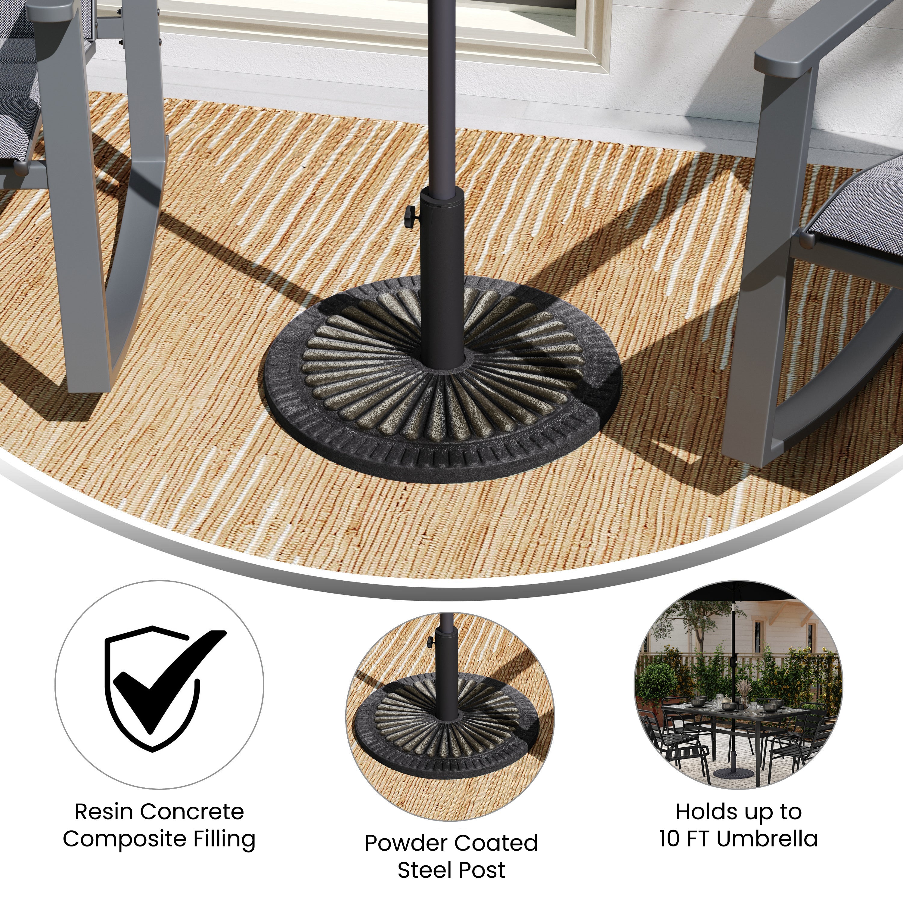Kona Universal Bronze Cement Patio Umbrella Base with Sunburst Patterned Weatherproof Plastic Polymer Coating - 19.25" Diameter