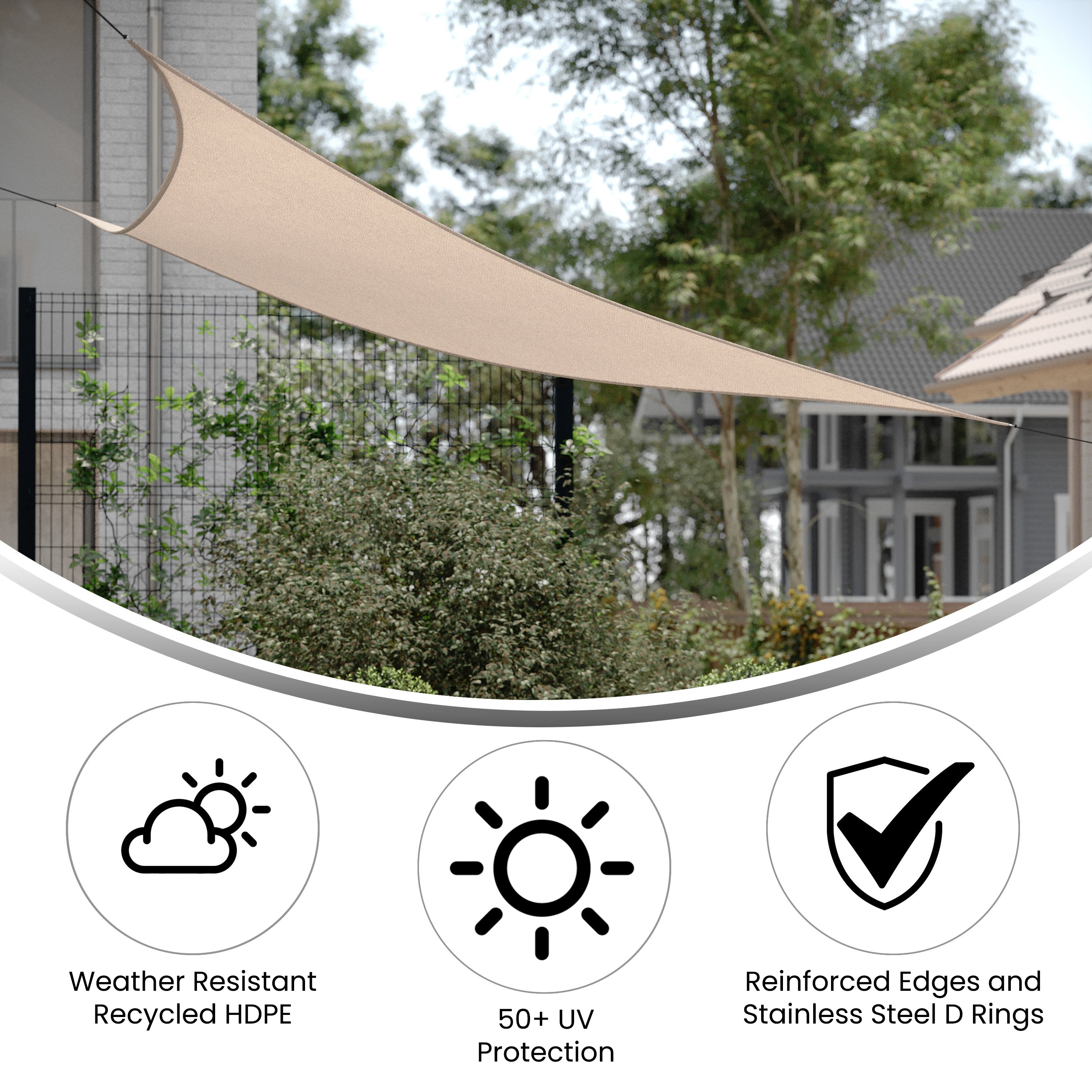 Palmetto 12ft Triangle Sun Sail Shade Canopy with Included Nylon Attachment Ropes in Sand