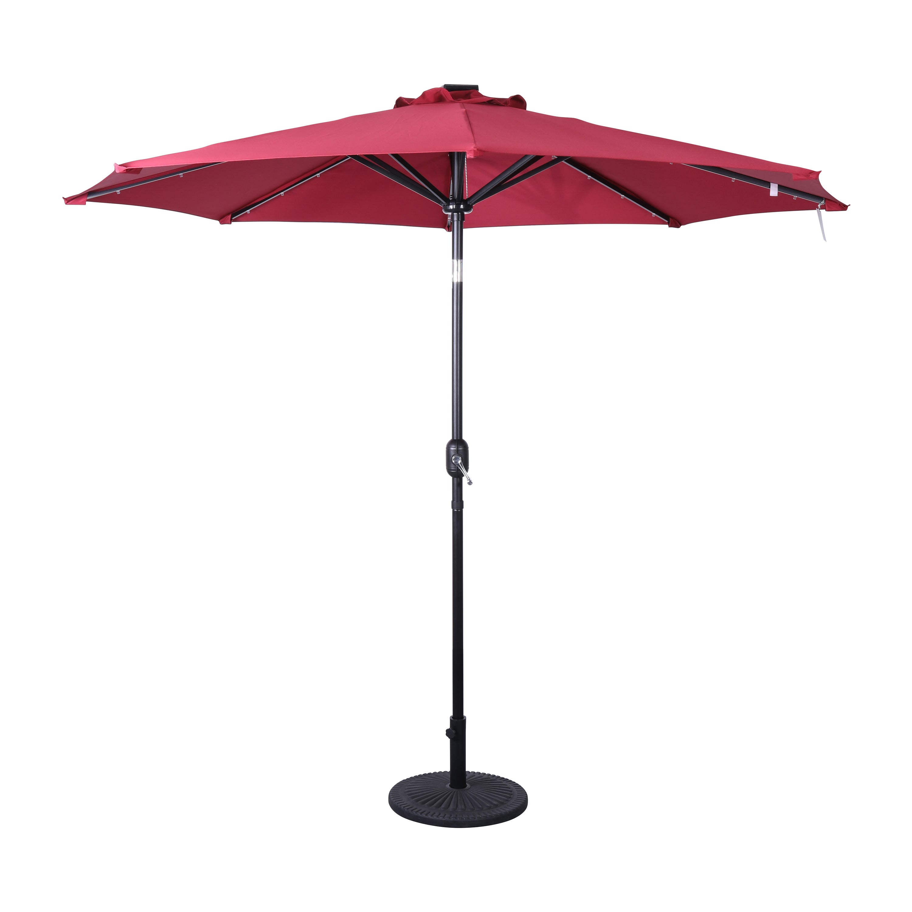Montego Commercial Grade 9 FT Round Umbrella with 32 Solar LED Lights and Crank and Tilt Functionality in Red