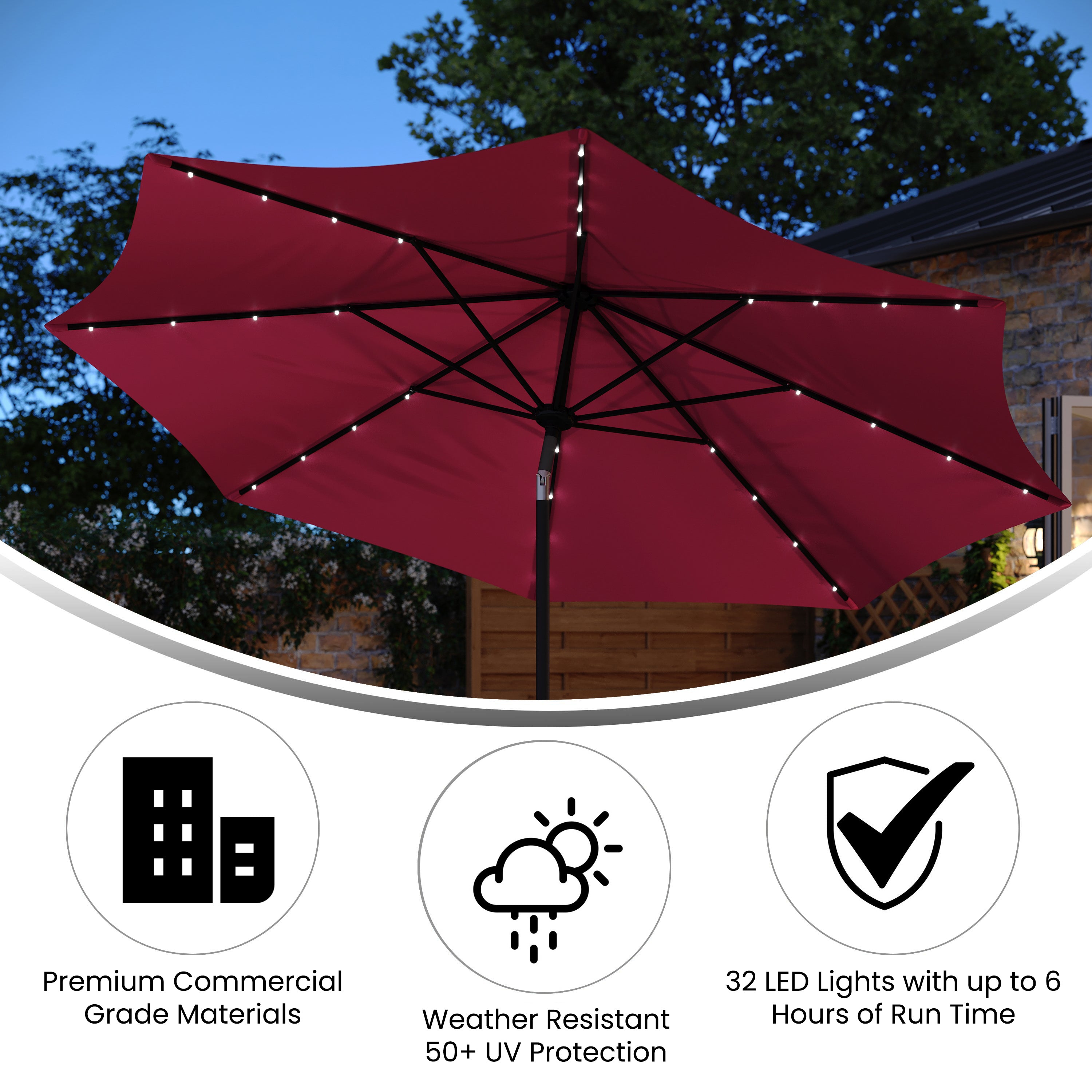 Montego Commercial Grade 9 FT Round Umbrella with 32 Solar LED Lights and Crank and Tilt Functionality in Red