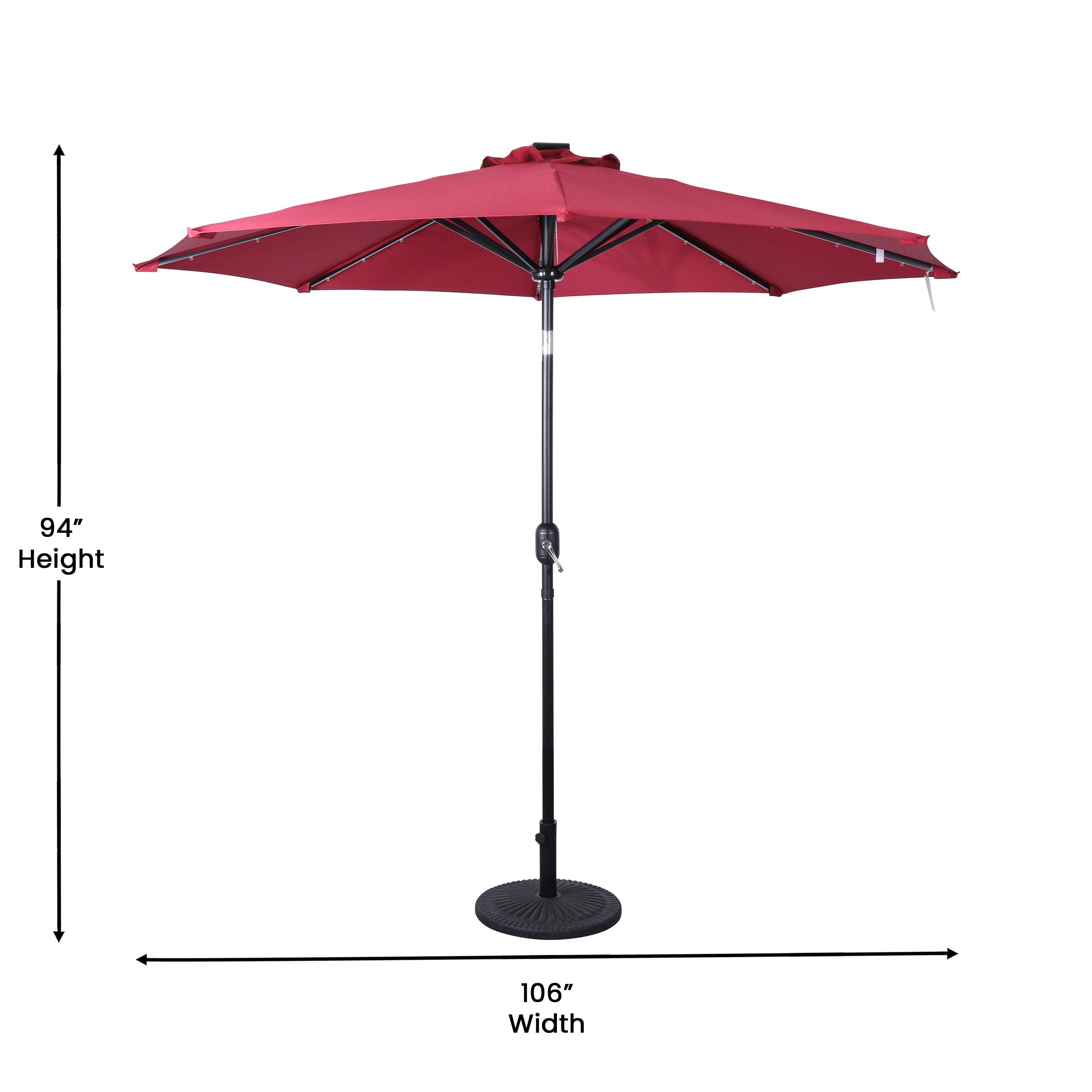 Montego Commercial Grade 9 FT Round Umbrella with 32 Solar LED Lights and Crank and Tilt Functionality in Red