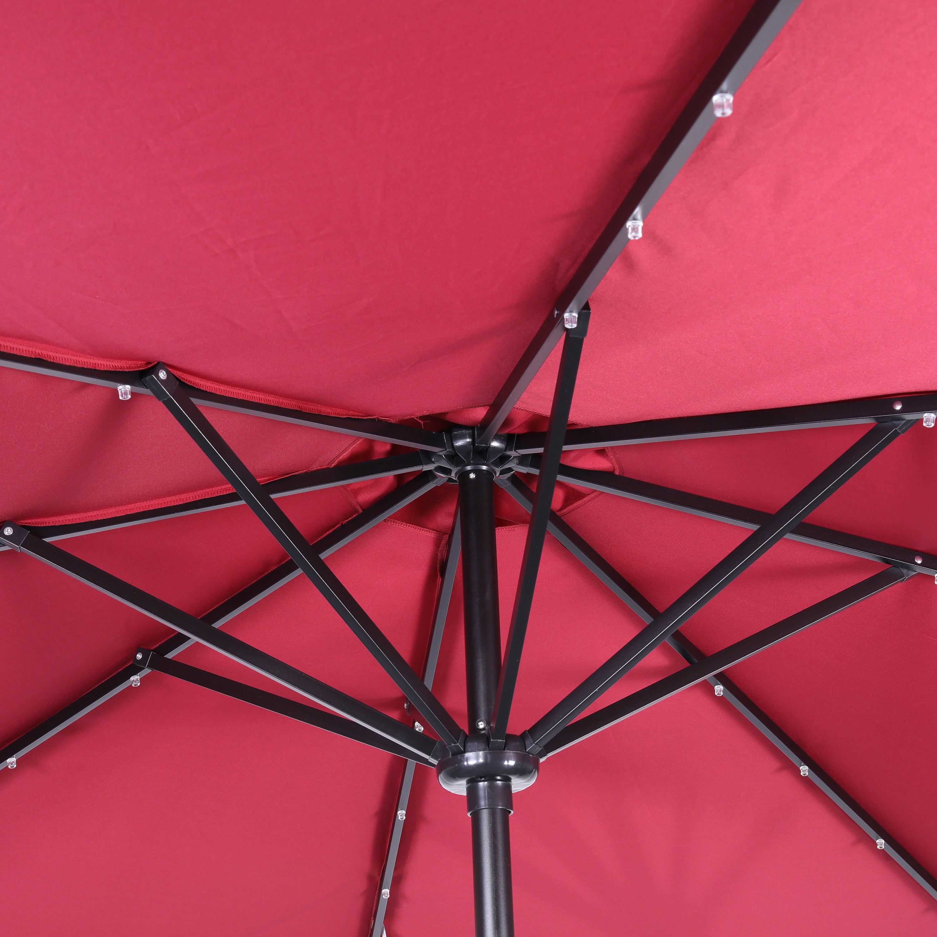 Montego Commercial Grade 9 FT Round Umbrella with 32 Solar LED Lights and Crank and Tilt Functionality in Red