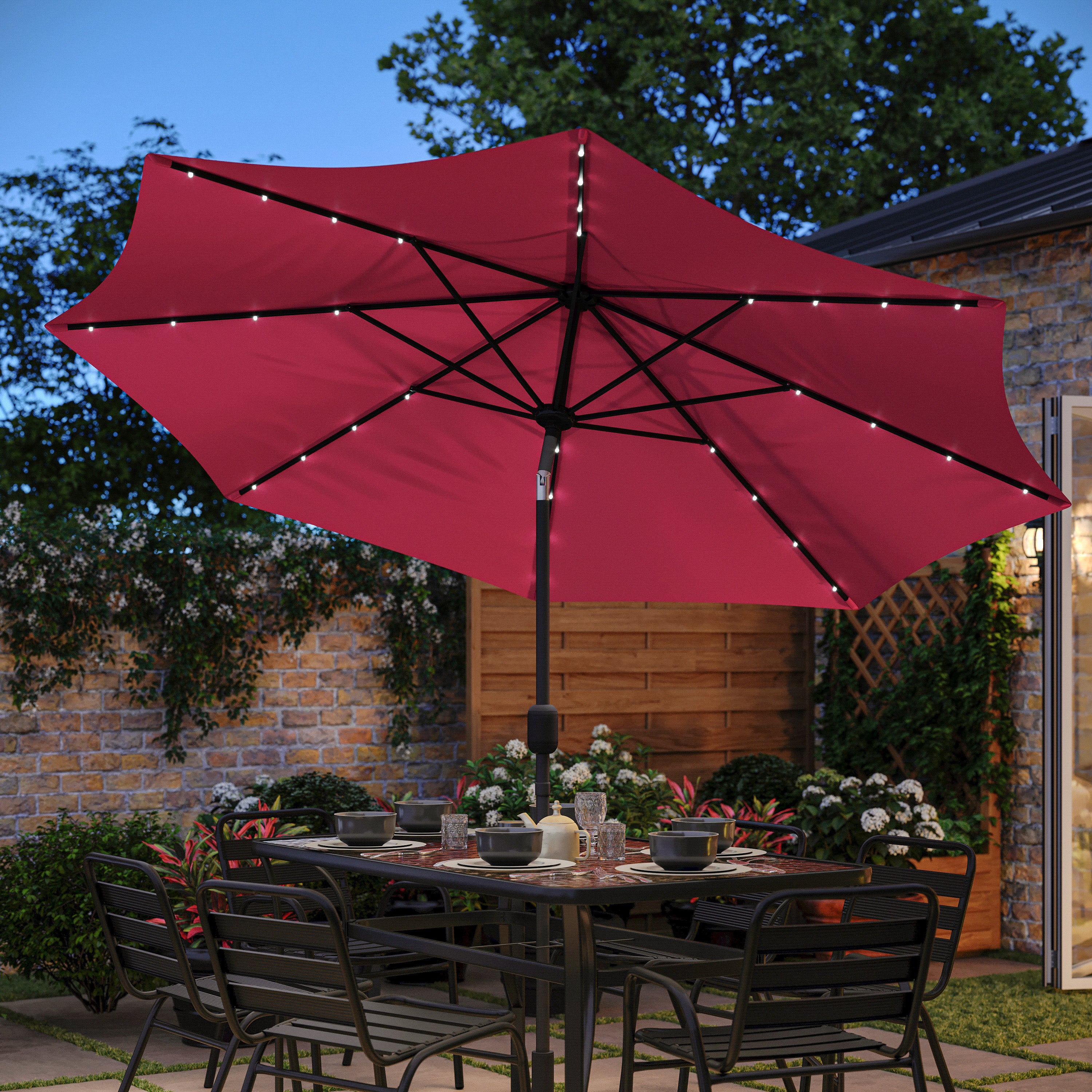 Montego Commercial Grade 9 FT Round Umbrella with 32 Solar LED Lights and Crank and Tilt Functionality in Red