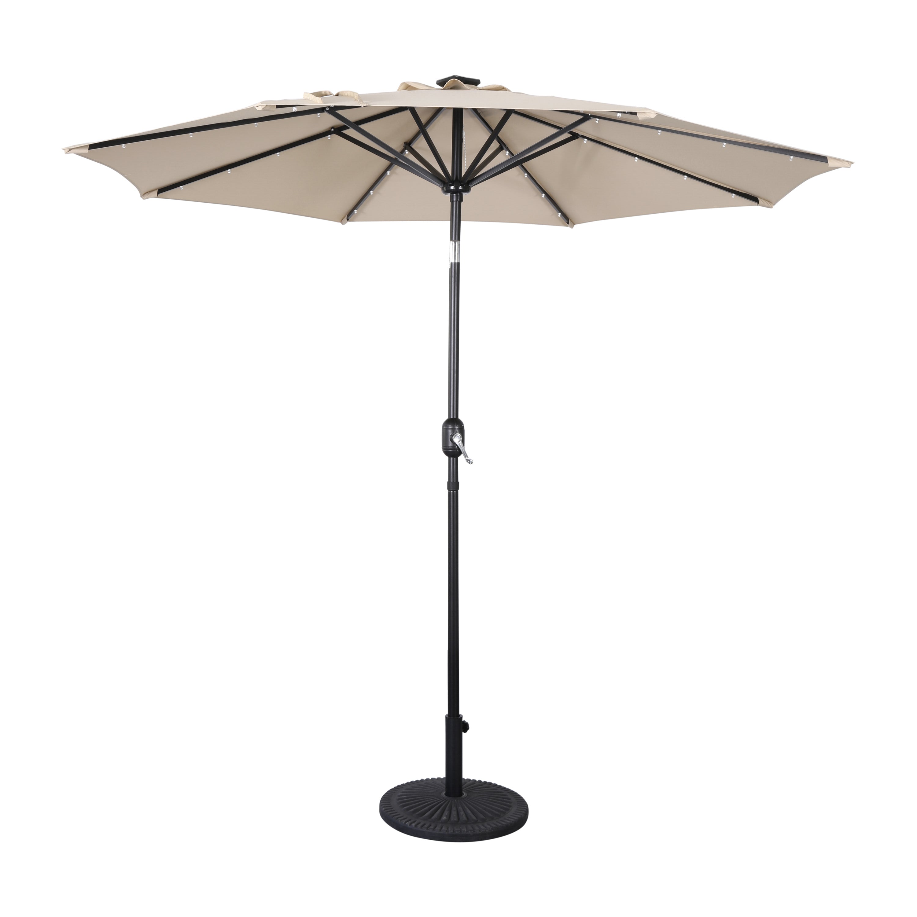 Montego Commercial Grade 9 FT Round Umbrella with 32 Solar LED Lights and Crank and Tilt Functionality in Tan