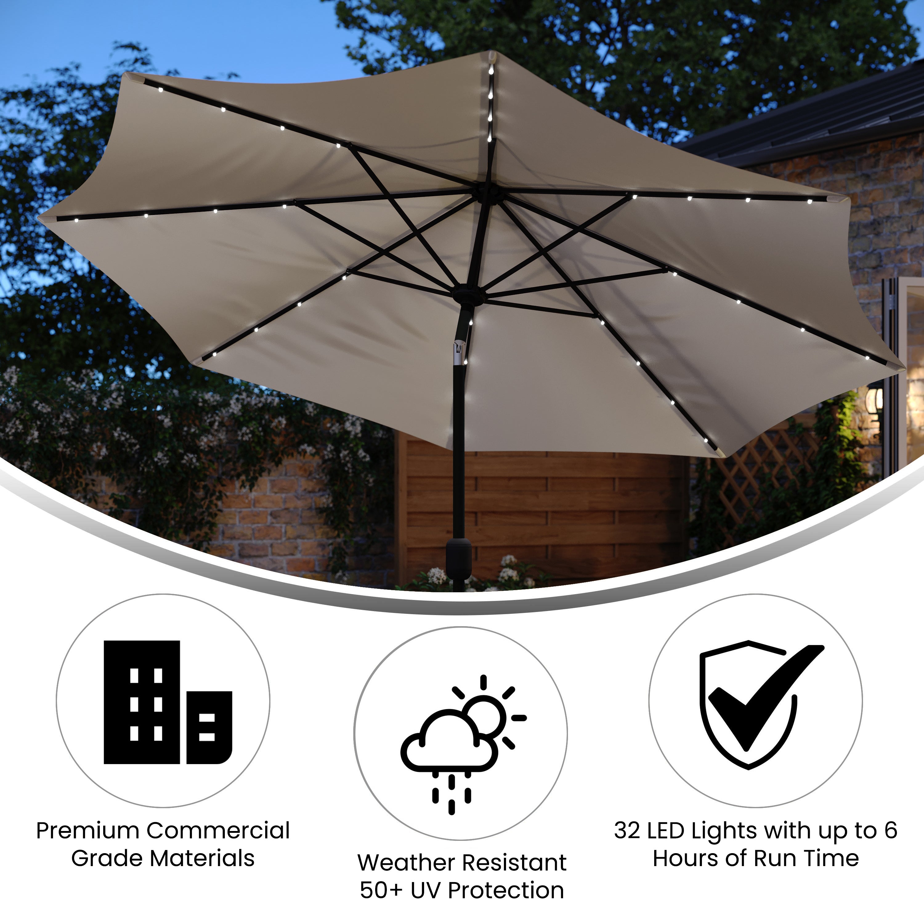 Montego Commercial Grade 9 FT Round Umbrella with 32 Solar LED Lights and Crank and Tilt Functionality in Tan