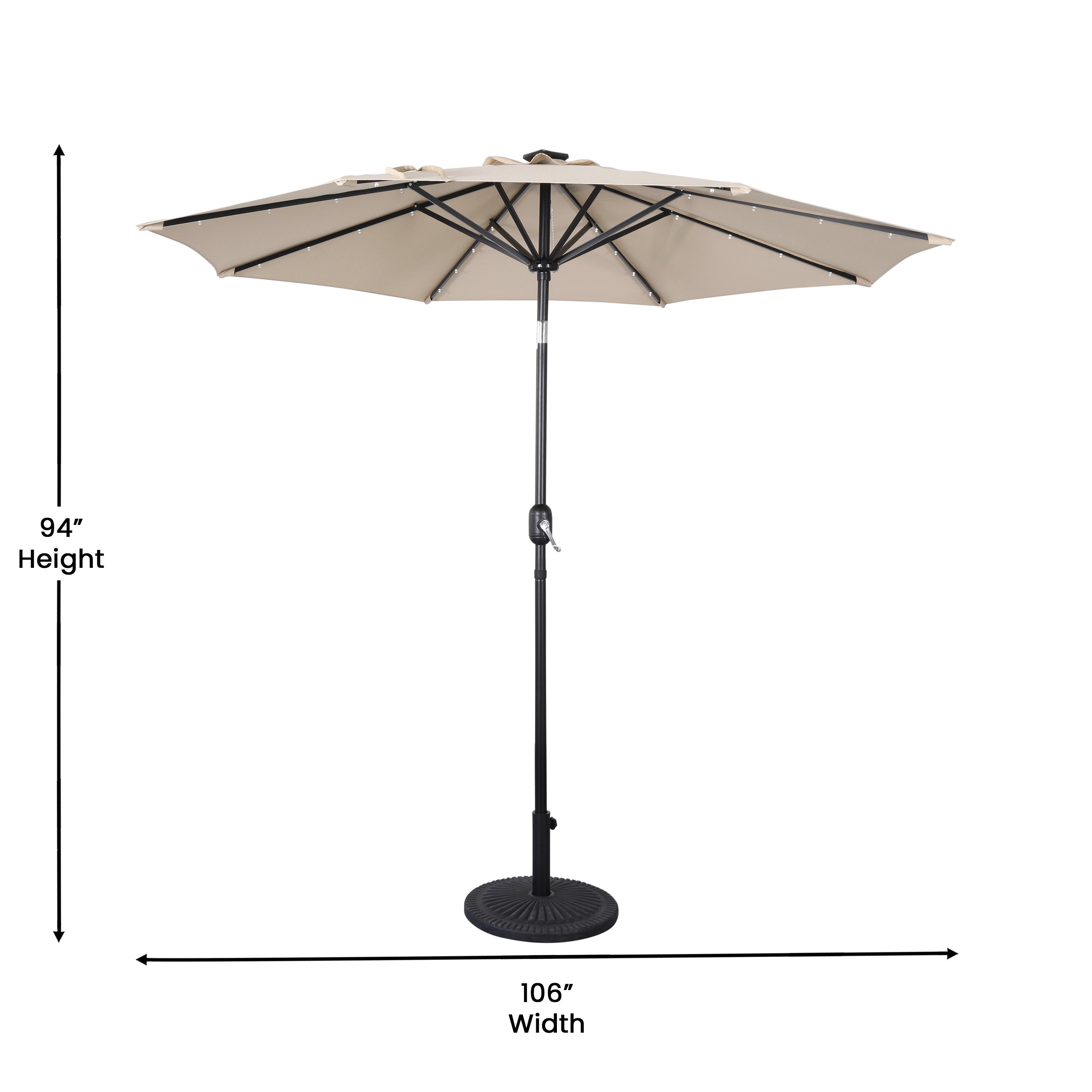 Montego Commercial Grade 9 FT Round Umbrella with 32 Solar LED Lights and Crank and Tilt Functionality in Tan