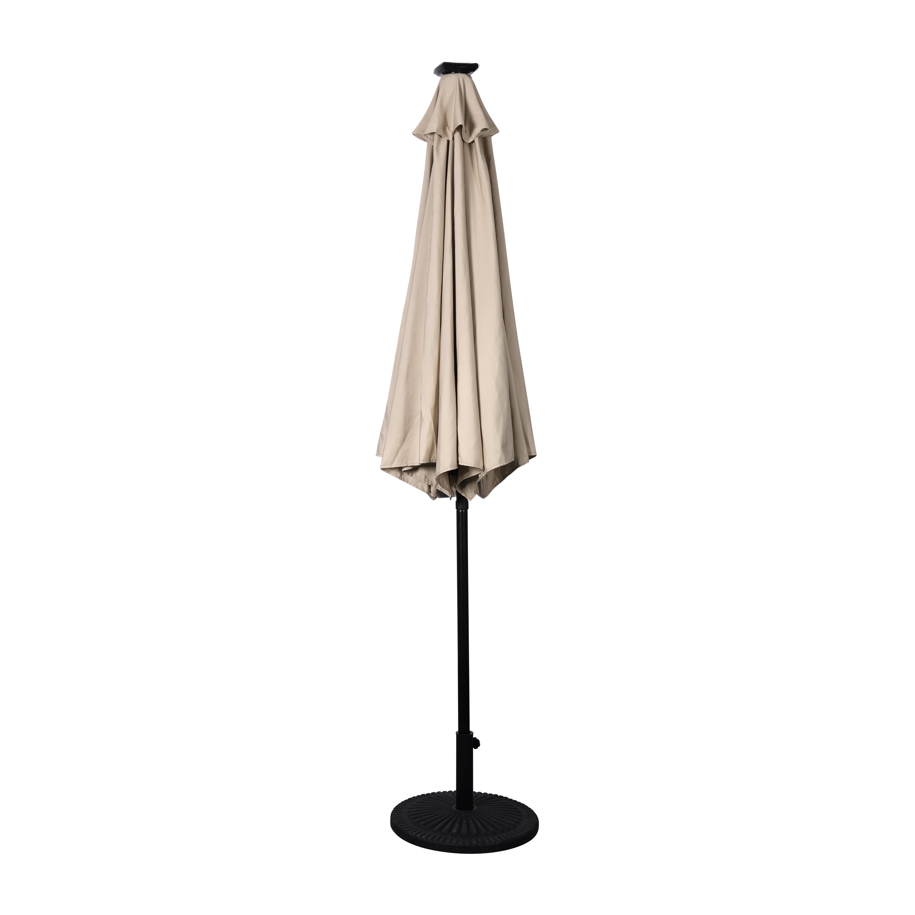 Montego Commercial Grade 9 FT Round Umbrella with 32 Solar LED Lights and Crank and Tilt Functionality in Tan