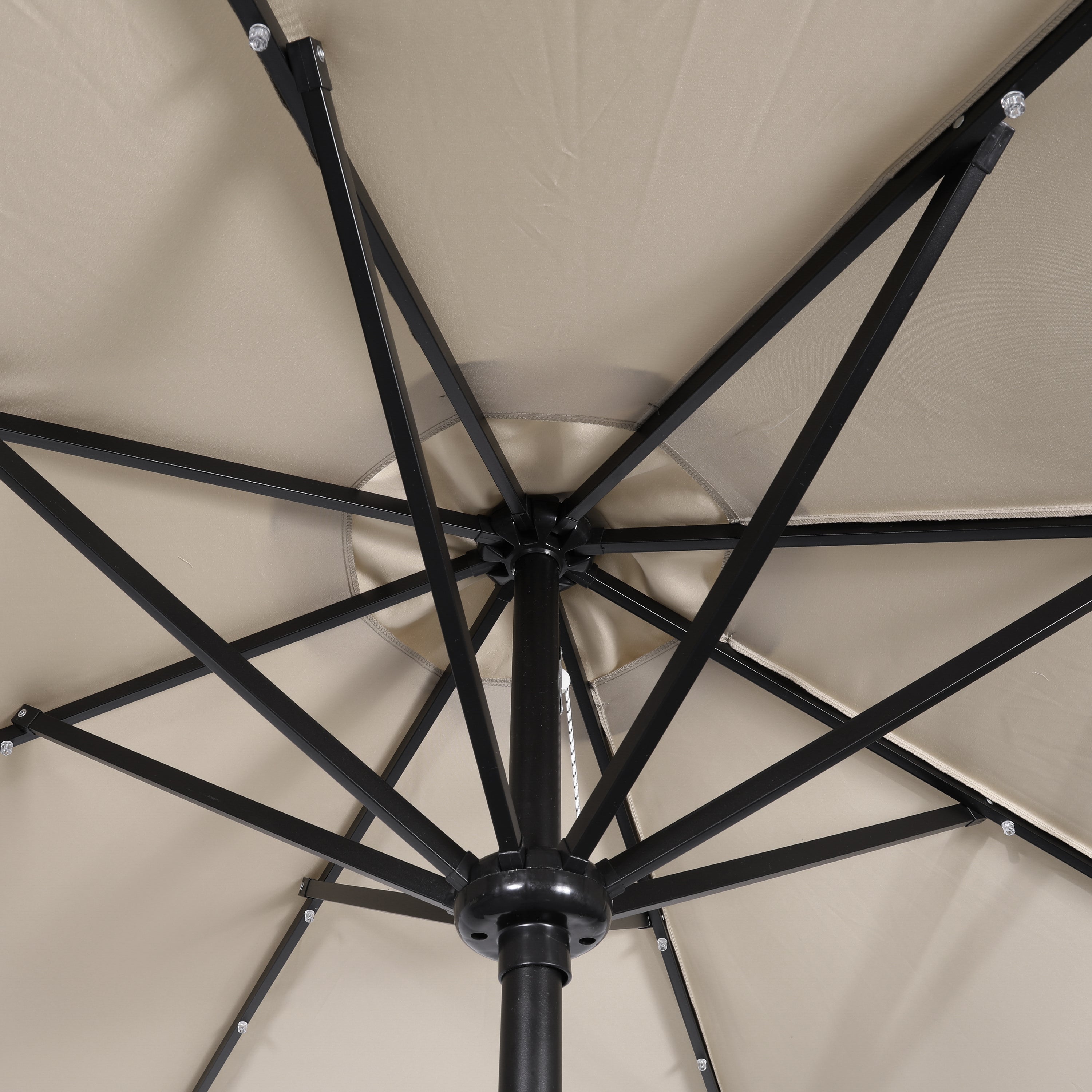 Montego Commercial Grade 9 FT Round Umbrella with 32 Solar LED Lights and Crank and Tilt Functionality in Tan