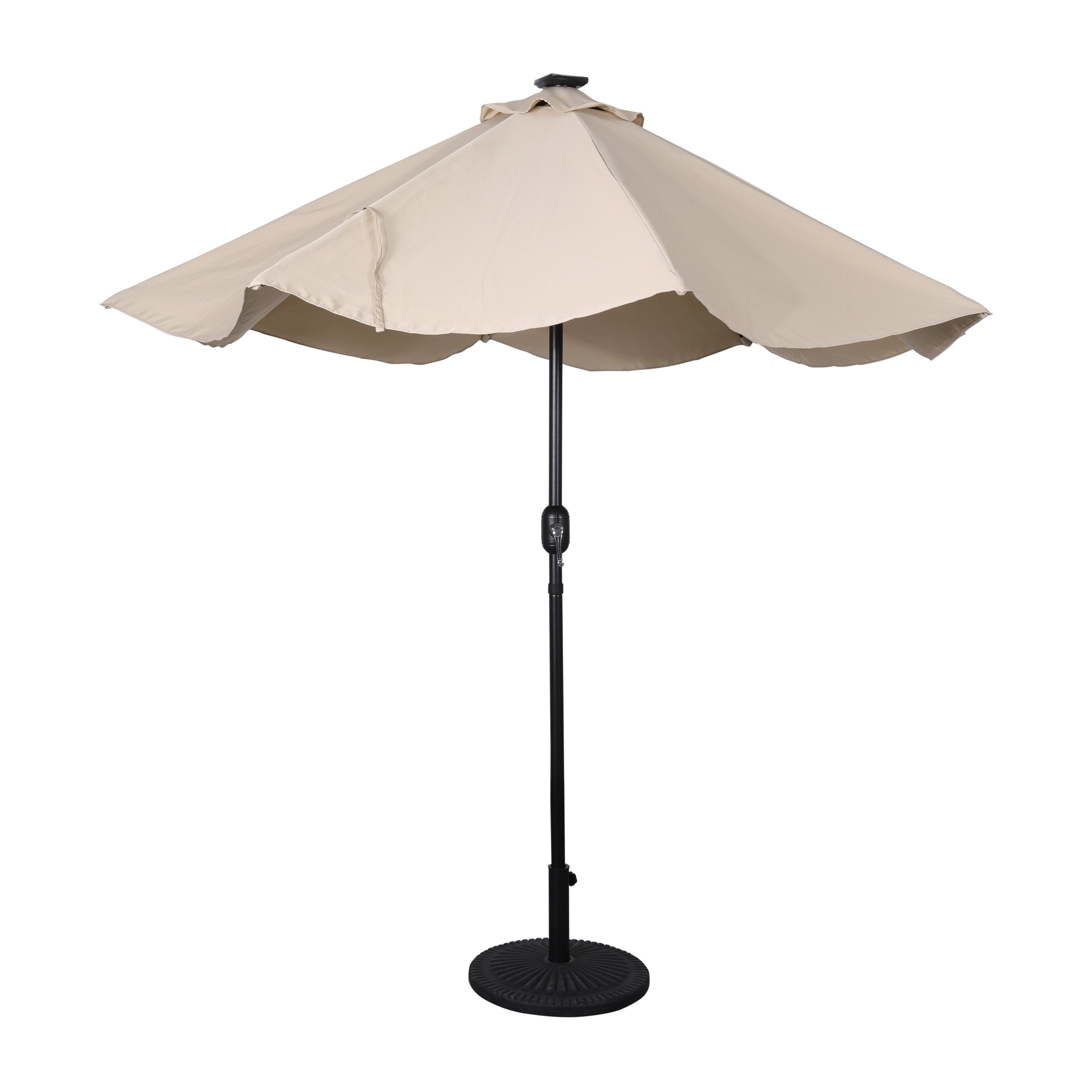 Montego Commercial Grade 9 FT Round Umbrella with 32 Solar LED Lights and Crank and Tilt Functionality in Tan