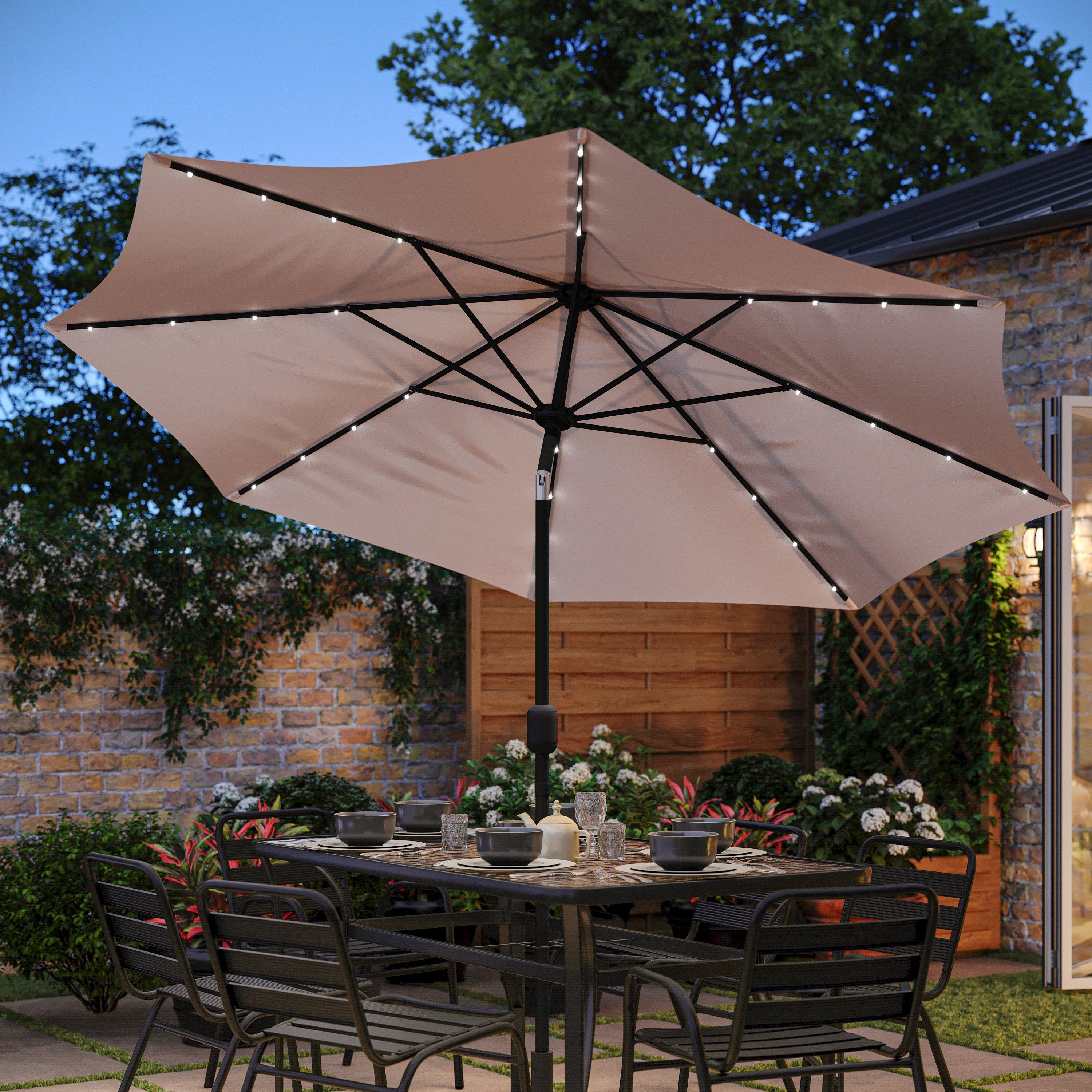 Montego Commercial Grade 9 FT Round Umbrella with 32 Solar LED Lights and Crank and Tilt Functionality in Tan