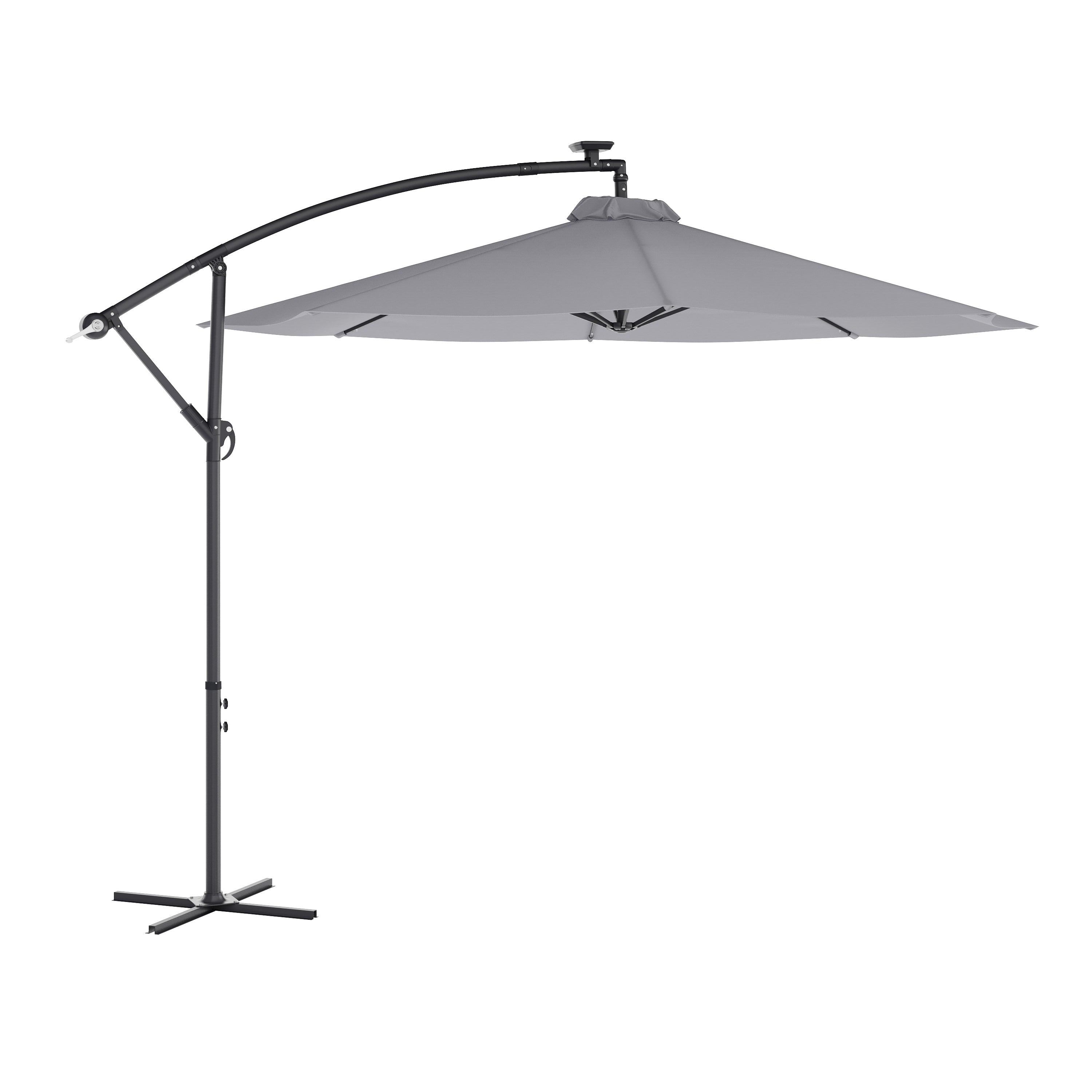 Sedona Commercial Grade 10 FT Round Cantilever Umbrella with 32 Solar LED Lights, Built in Cross Base, and Easy Lift and Tilt Function in Gray
