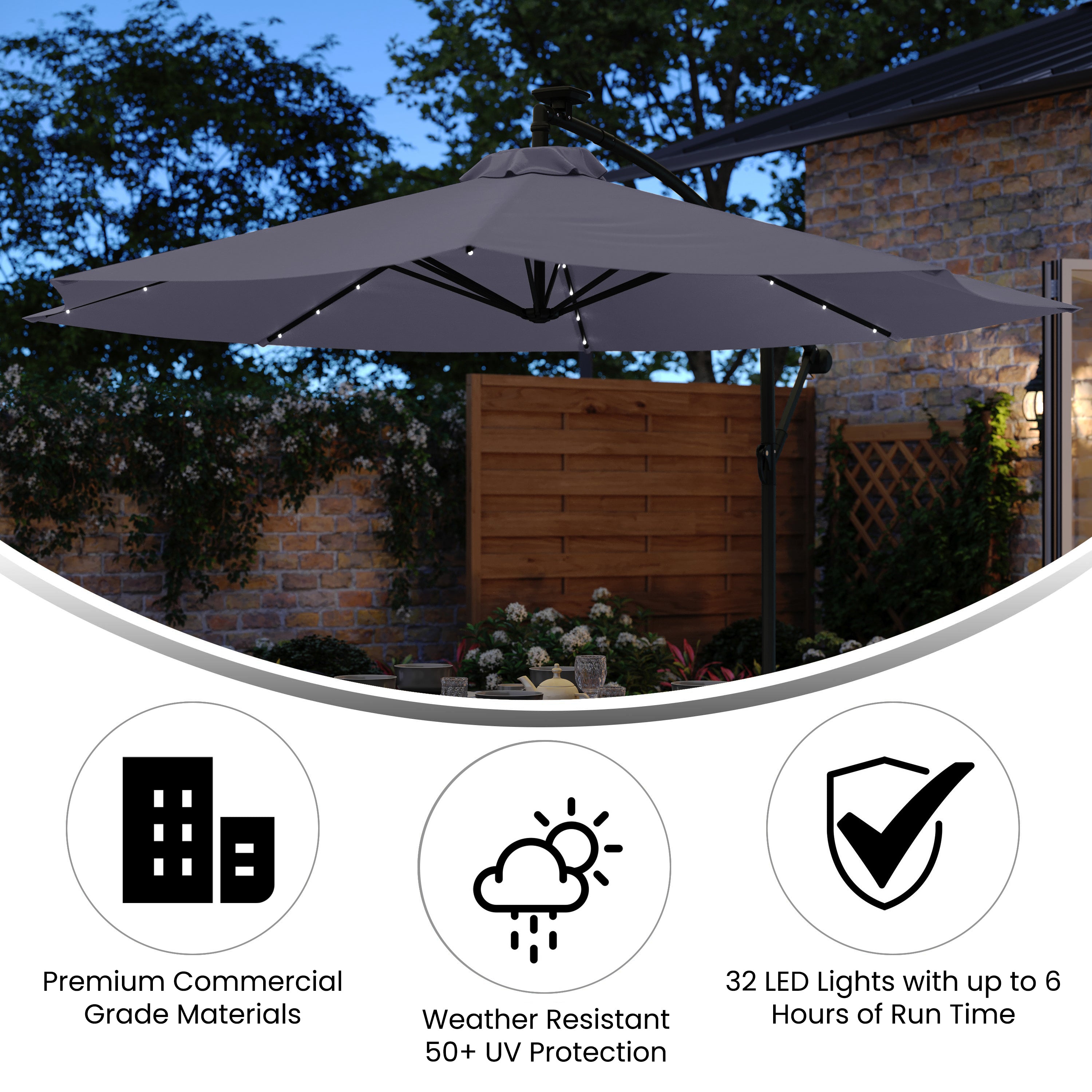 Sedona Commercial Grade 10 FT Round Cantilever Umbrella with 32 Solar LED Lights, Built in Cross Base, and Easy Lift and Tilt Function in Gray