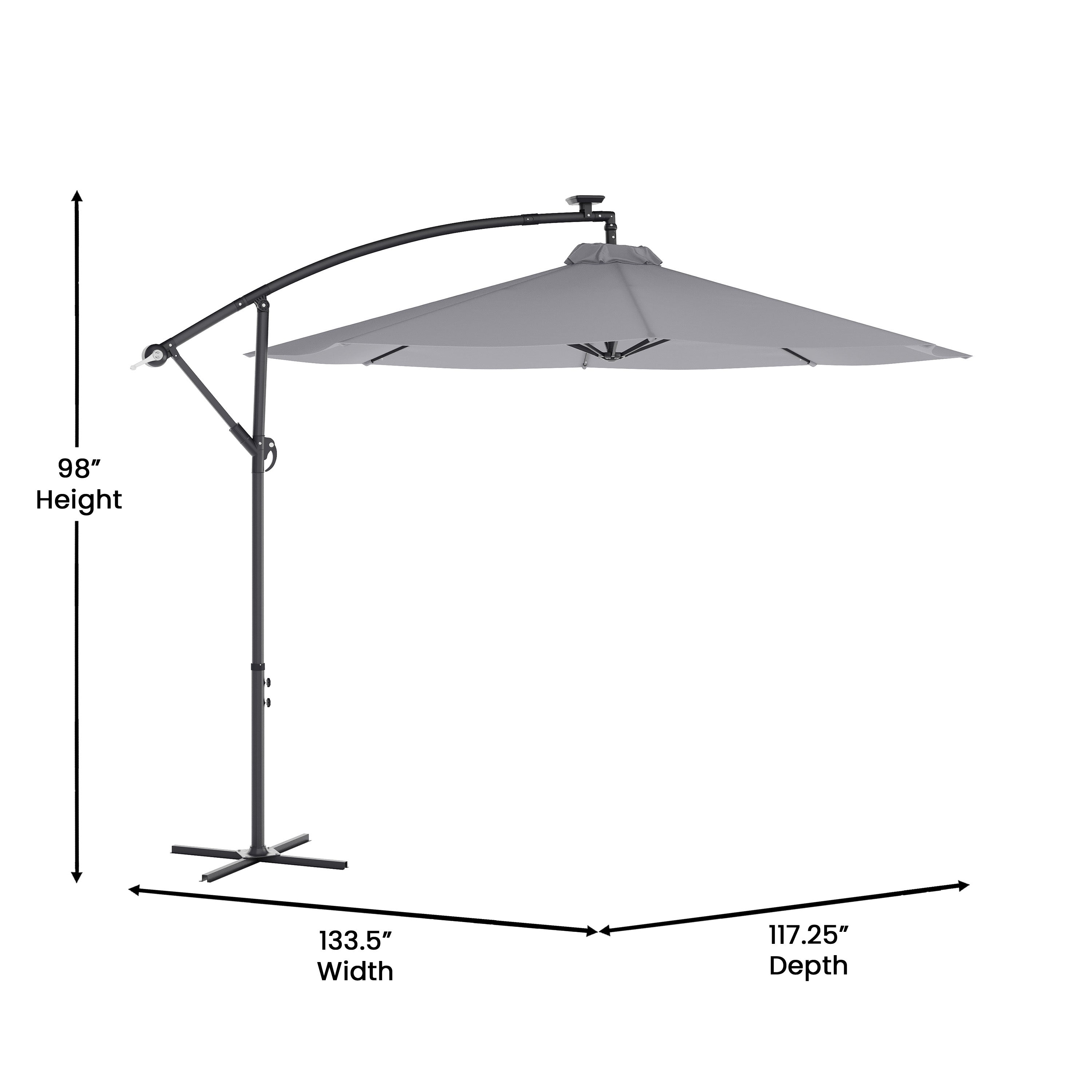 Sedona Commercial Grade 10 FT Round Cantilever Umbrella with 32 Solar LED Lights, Built in Cross Base, and Easy Lift and Tilt Function in Gray