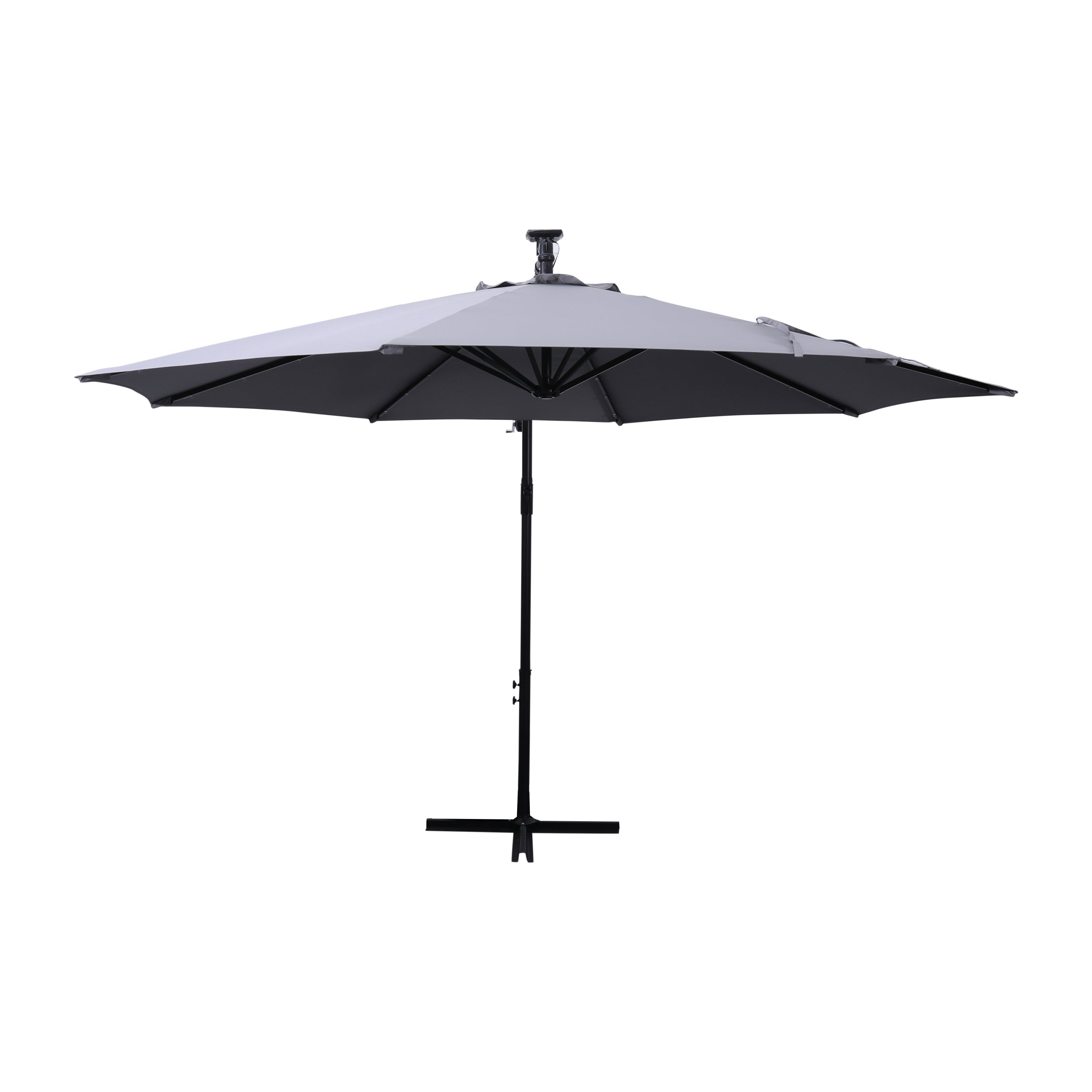 Sedona Commercial Grade 10 FT Round Cantilever Umbrella with 32 Solar LED Lights, Built in Cross Base, and Easy Lift and Tilt Function in Gray