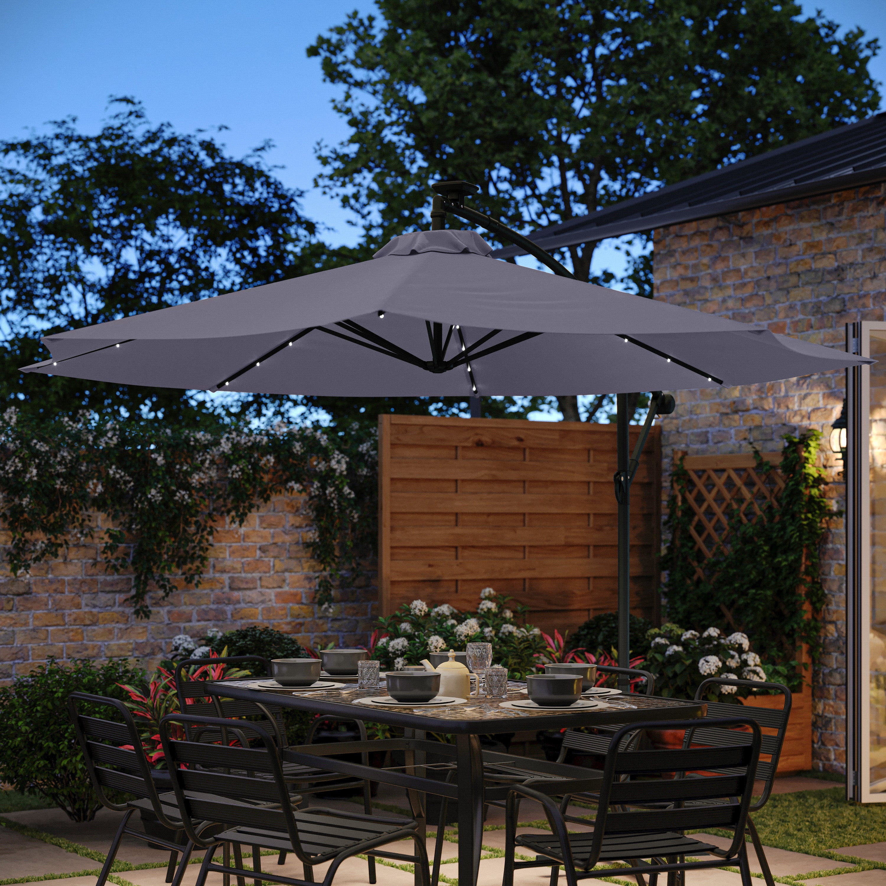 Sedona Commercial Grade 10 FT Round Cantilever Umbrella with 32 Solar LED Lights, Built in Cross Base, and Easy Lift and Tilt Function in Gray