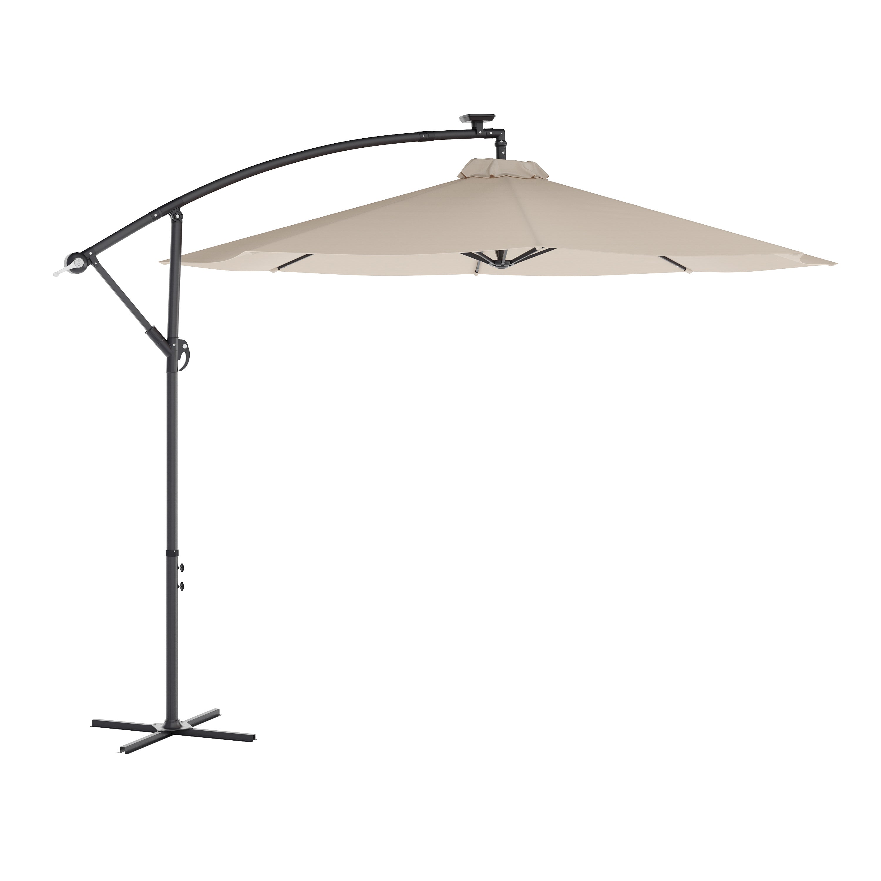 Sedona Commercial Grade 10 FT Round Cantilever Umbrella with 32 Solar LED Lights, Built in Cross Base, and Easy Lift and Tilt Function in Tan
