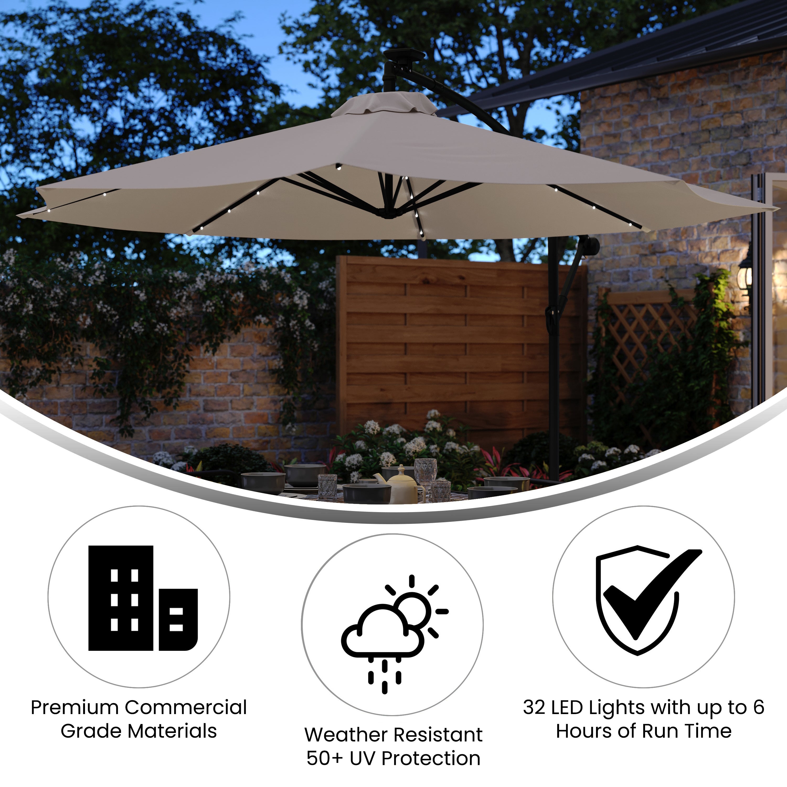 Sedona Commercial Grade 10 FT Round Cantilever Umbrella with 32 Solar LED Lights, Built in Cross Base, and Easy Lift and Tilt Function in Tan