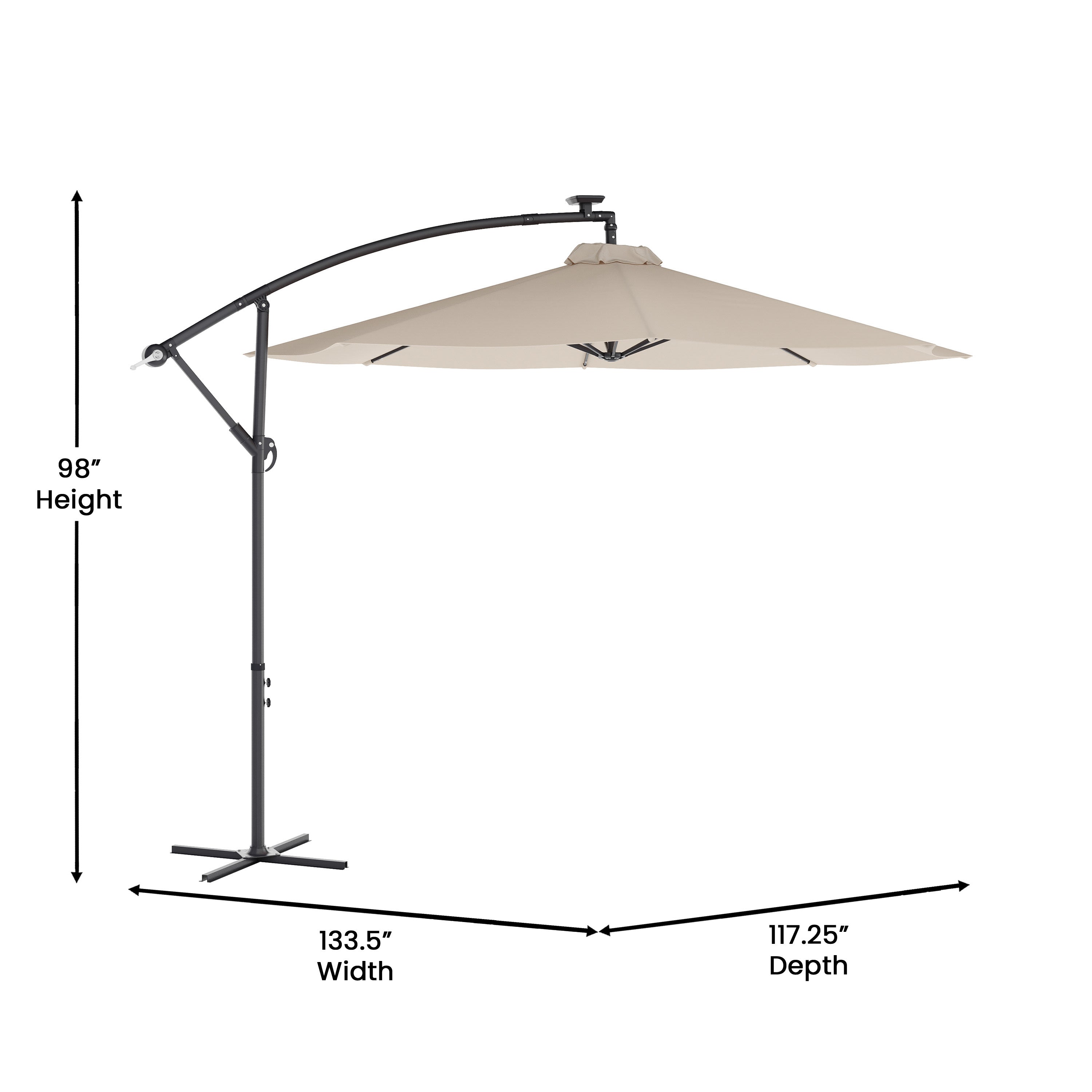 Sedona Commercial Grade 10 FT Round Cantilever Umbrella with 32 Solar LED Lights, Built in Cross Base, and Easy Lift and Tilt Function in Tan