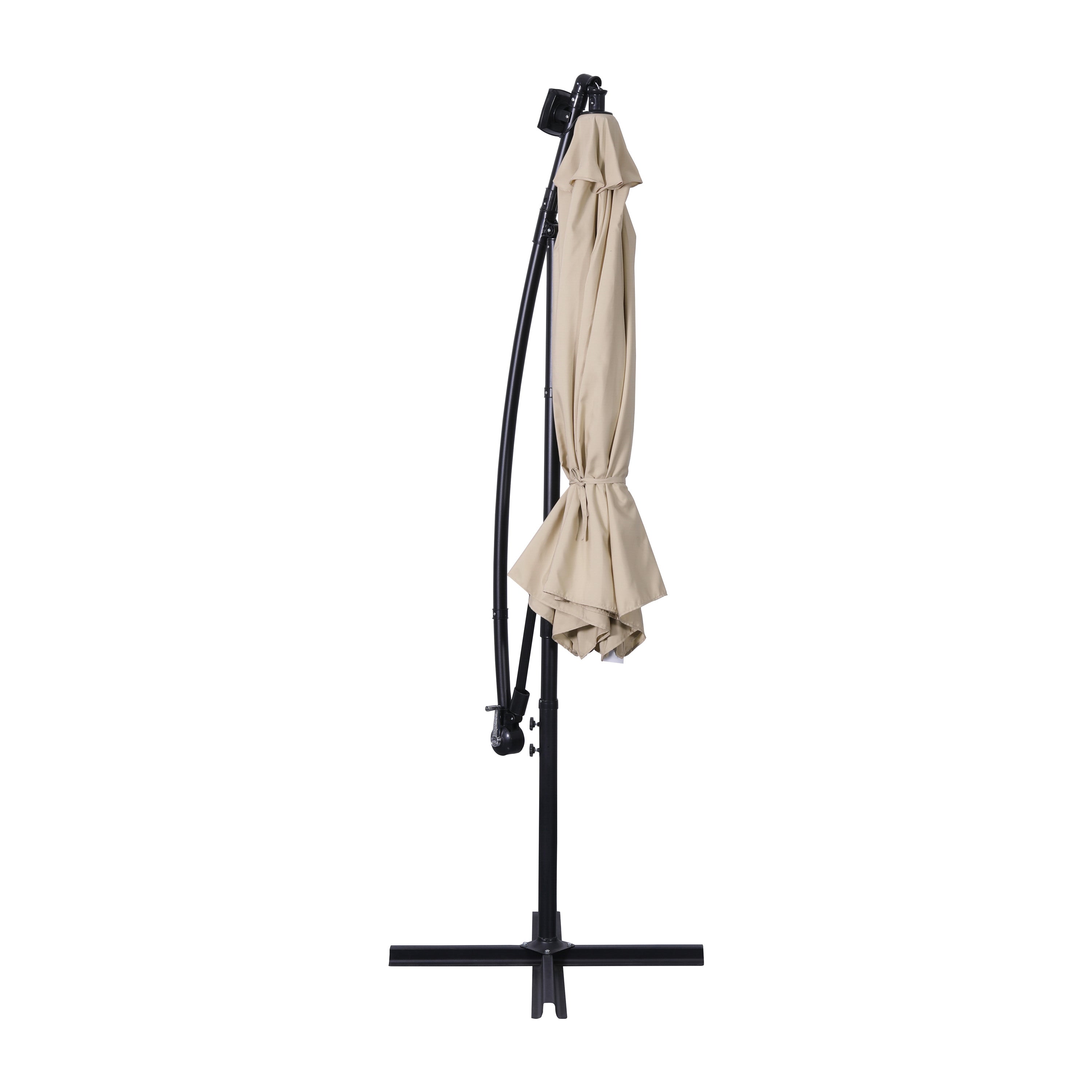 Sedona Commercial Grade 10 FT Round Cantilever Umbrella with 32 Solar LED Lights, Built in Cross Base, and Easy Lift and Tilt Function in Tan