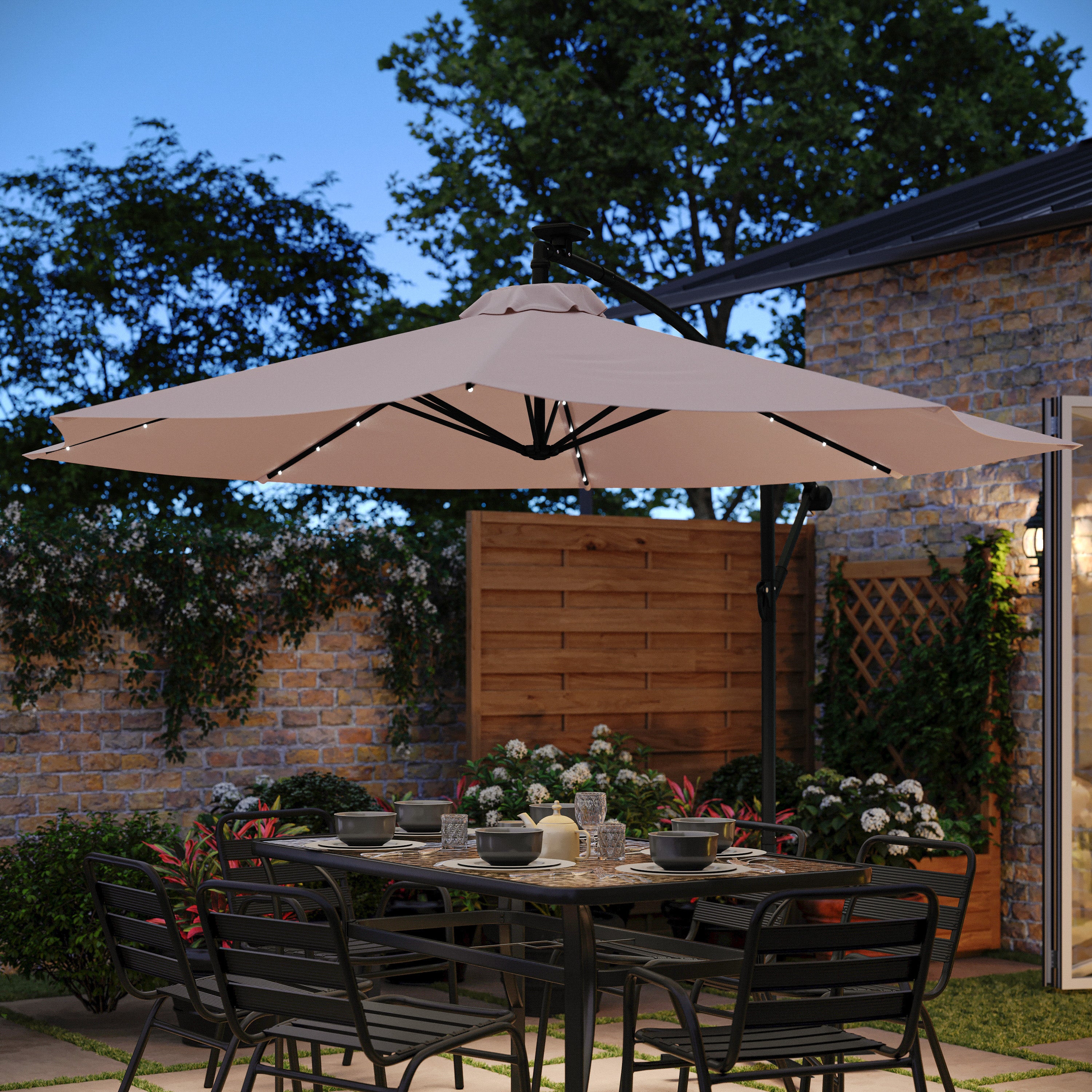 Sedona Commercial Grade 10 FT Round Cantilever Umbrella with 32 Solar LED Lights, Built in Cross Base, and Easy Lift and Tilt Function in Tan