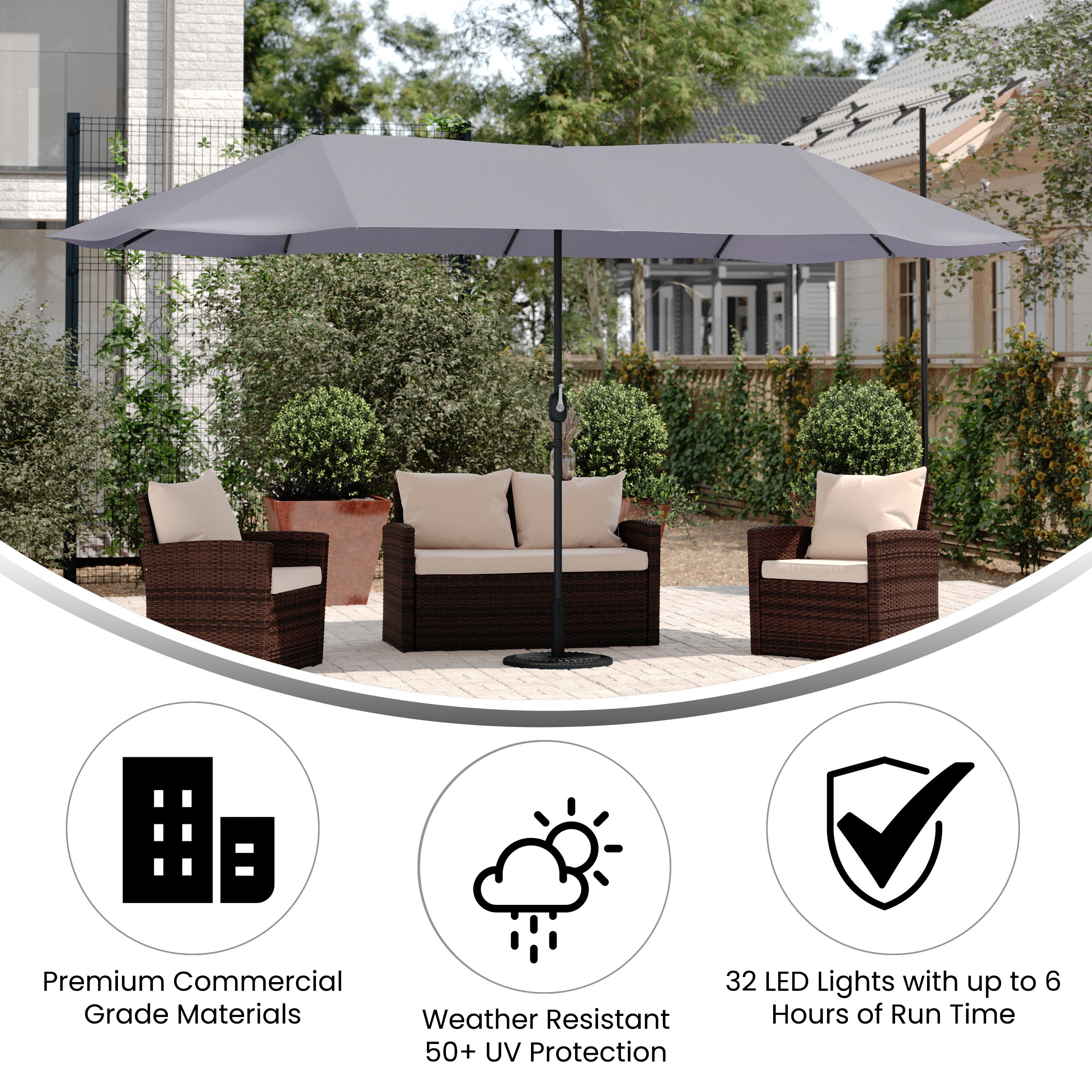 Elizabeth Commercial Grade 15 FT Triple Head Patio Umbrella with Crank and Easy Lift Functionality in Gray