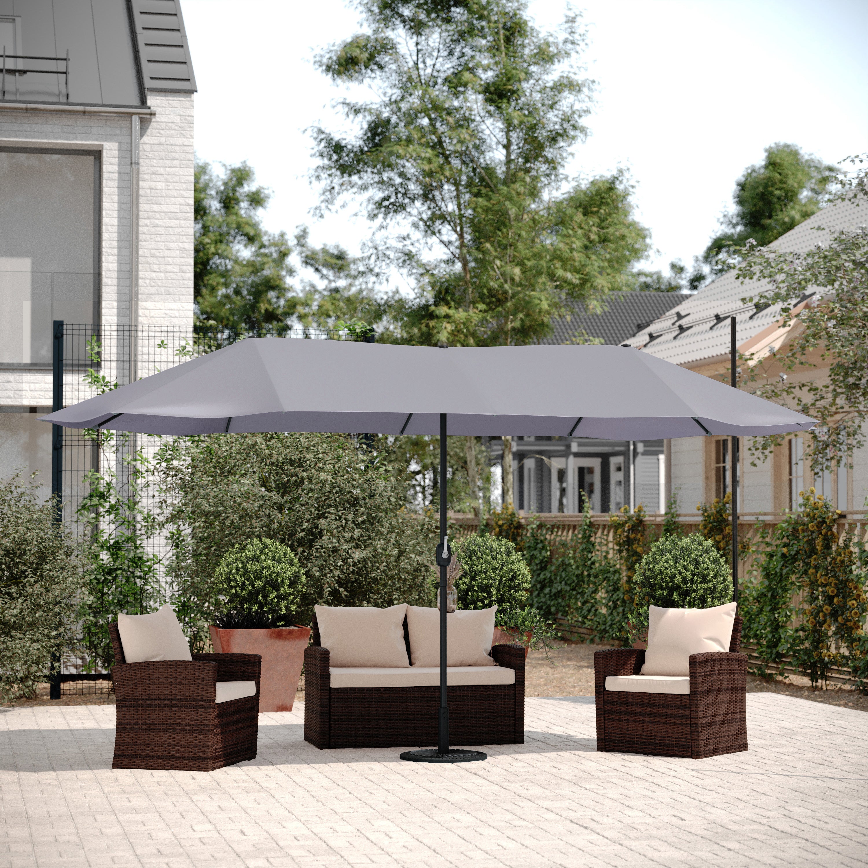 Elizabeth Commercial Grade 15 FT Triple Head Patio Umbrella with Crank and Easy Lift Functionality in Gray
