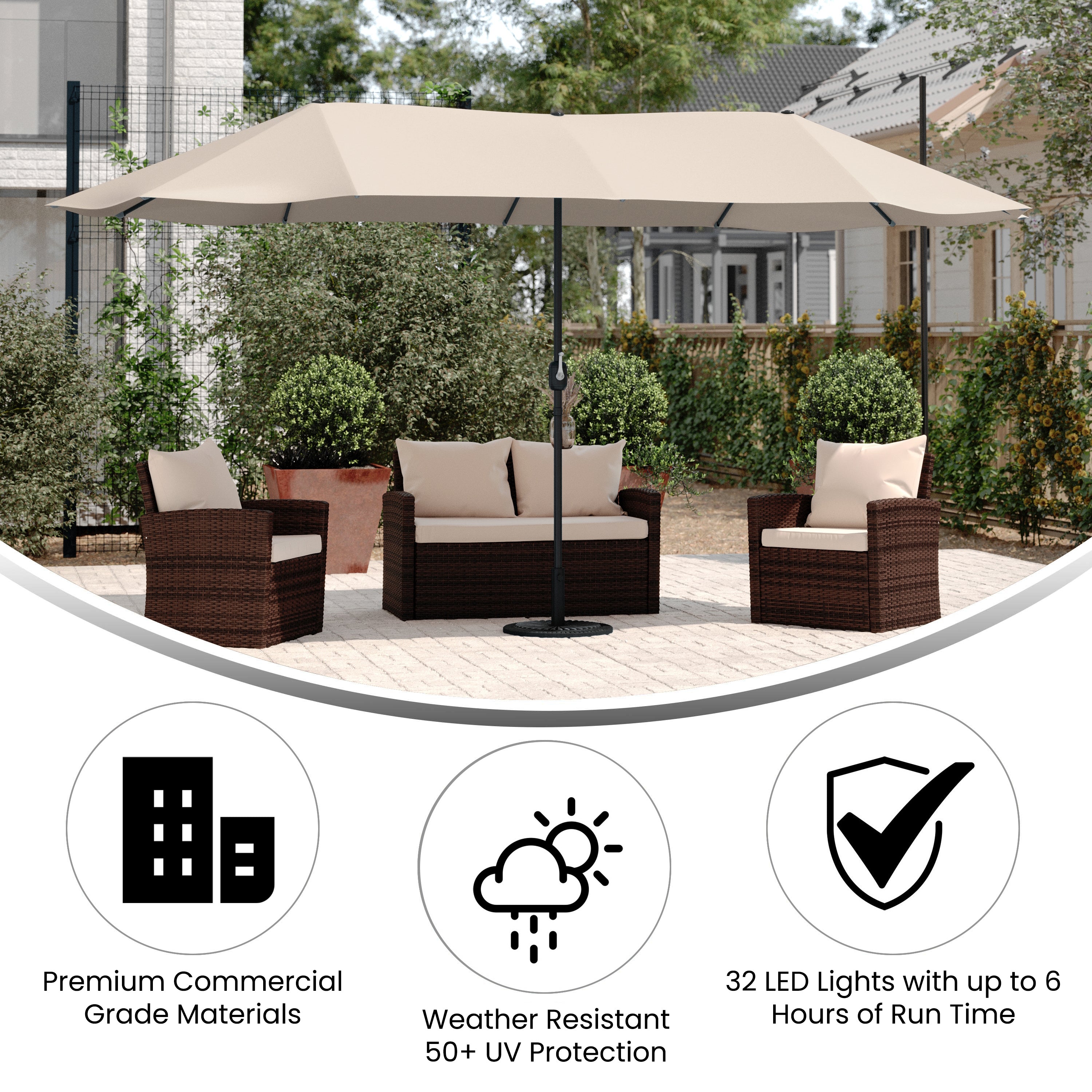Elizabeth Commercial Grade 15 FT Triple Head Patio Umbrella with Crank and Easy Lift Functionality in Tan