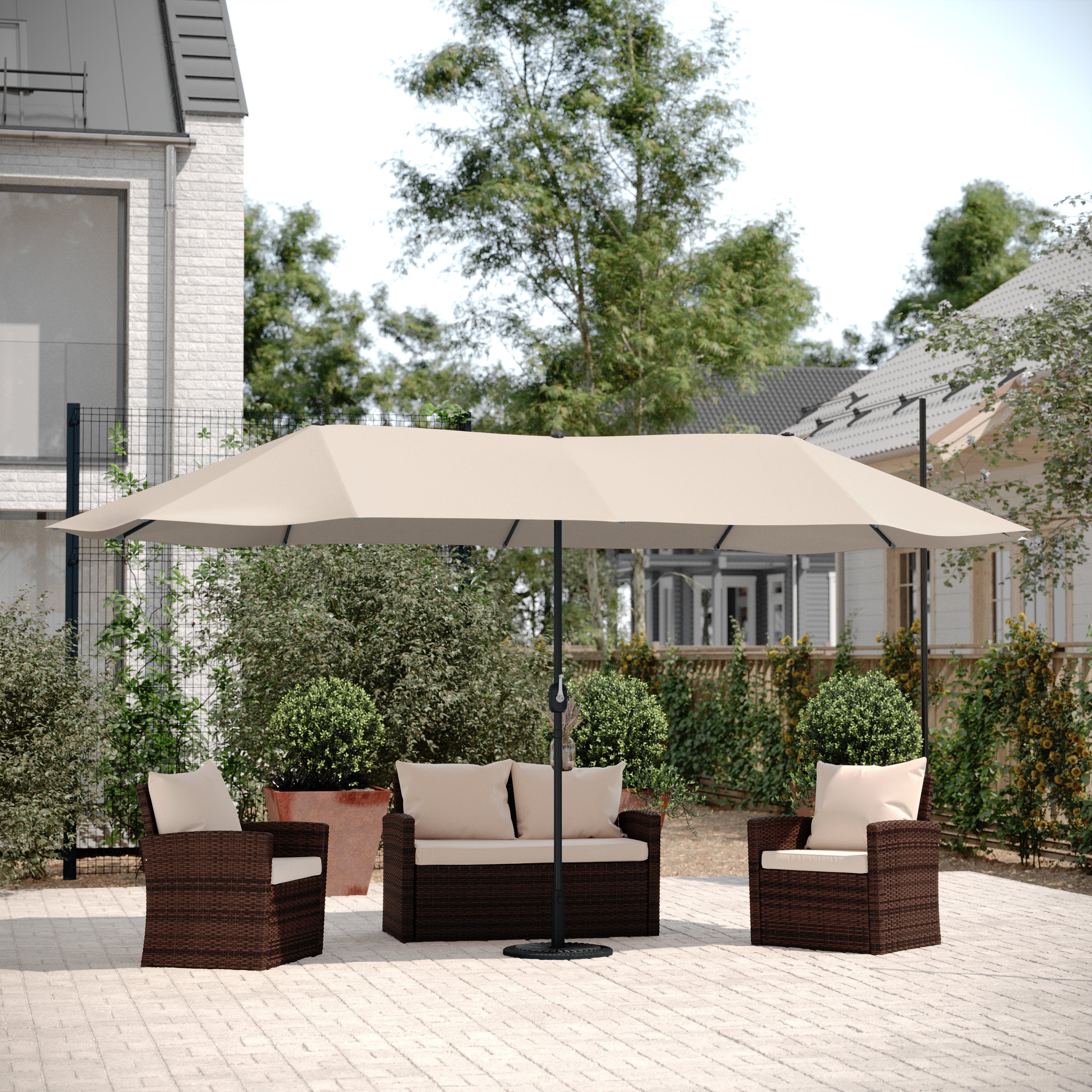 Elizabeth Commercial Grade 15 FT Triple Head Patio Umbrella with Crank and Easy Lift Functionality in Tan